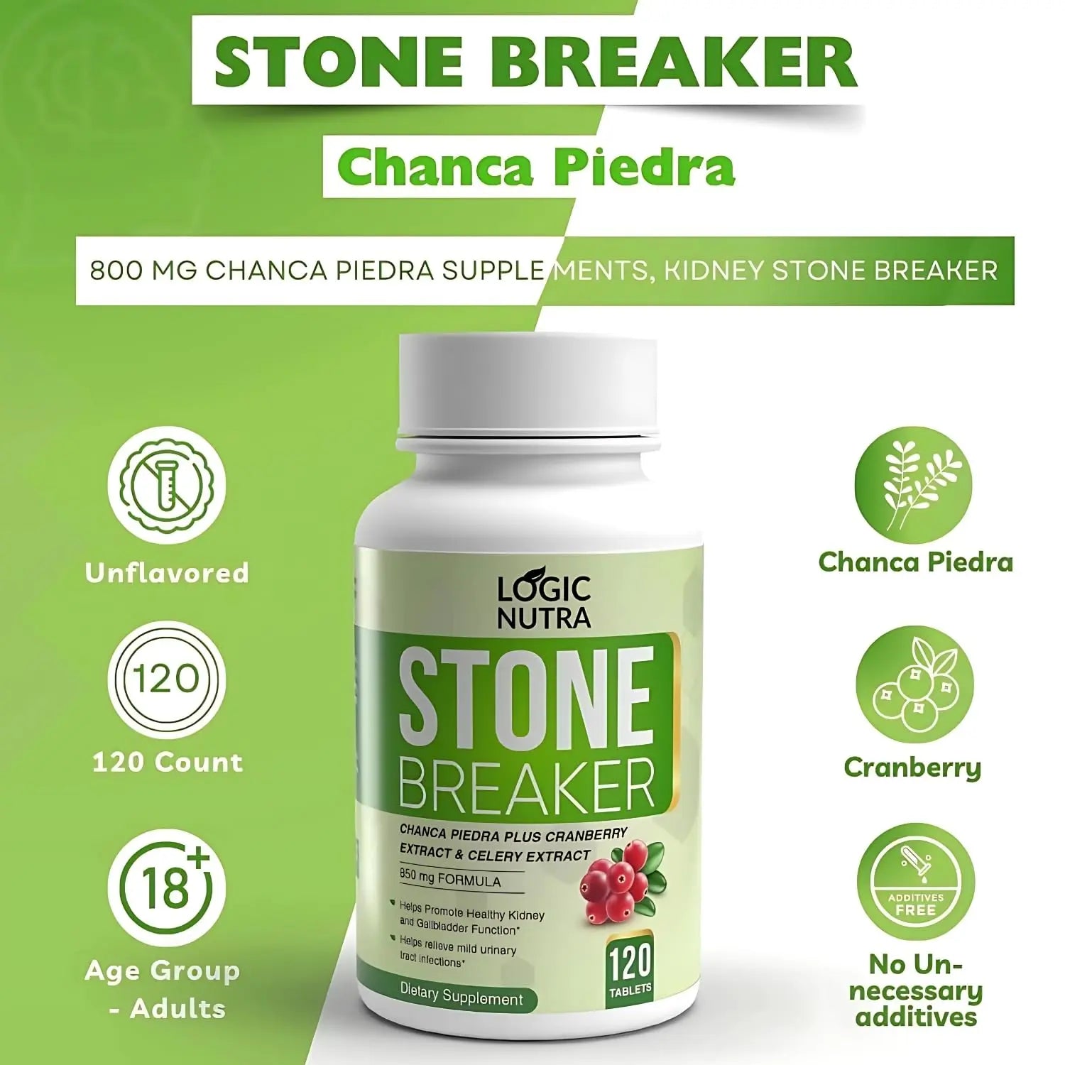 Logic Nutra Chanca Piedra Kidney Stone Breaker 120 Tablets 800 mg - Maximum Strength for Gallbladder & Urinary Cleanse with Phyllantus Niruri, Celery Seed Extract & Cranberry Extract Logic Nutra Au supplements