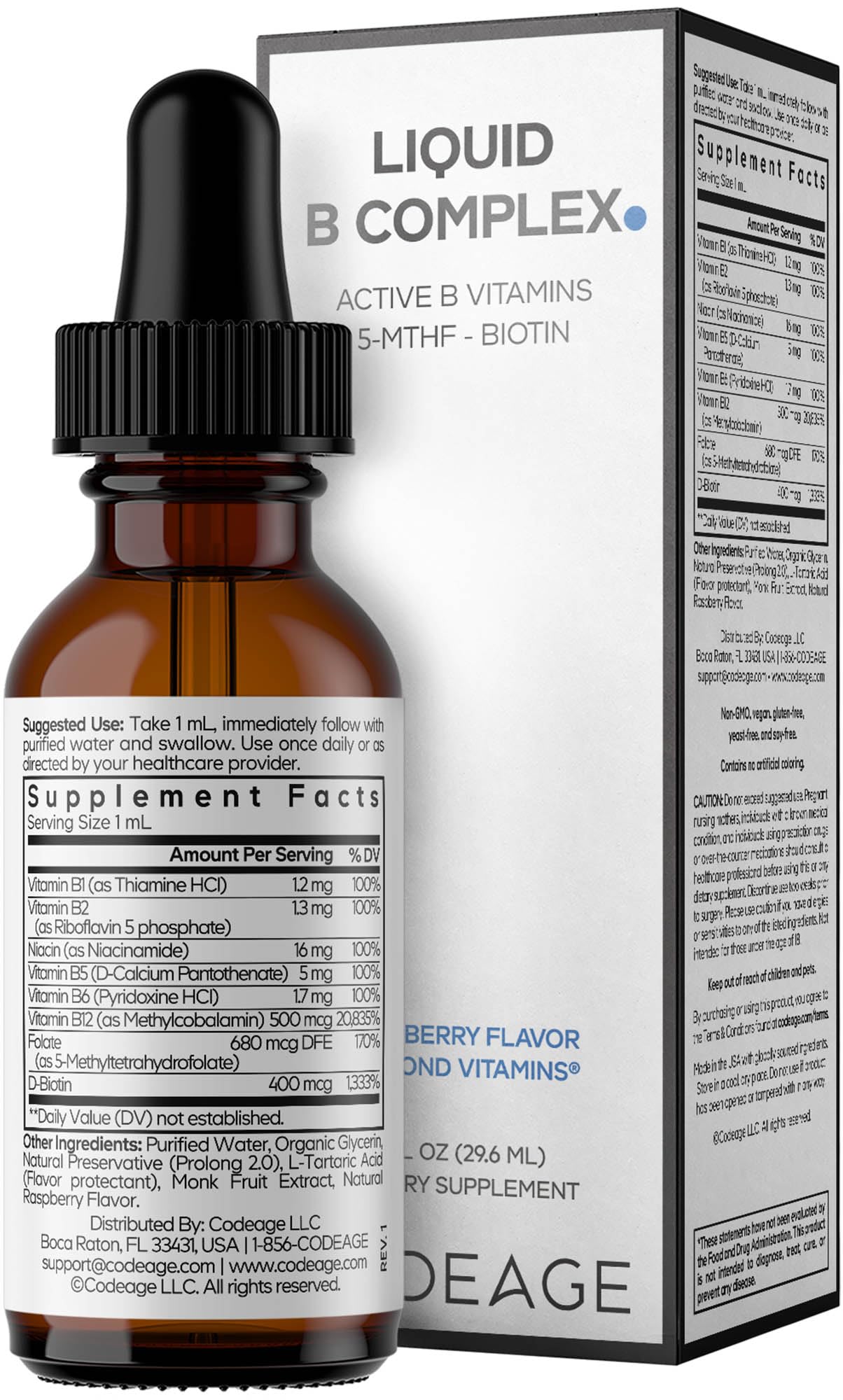 Codeage Liquid B-Complex Supplement with 8 Forms of Vitamin B - Vitamin Thiamine B1, Riboflavin B2, B3, B5, B6, Biotin B7, Active Methylated B9 Folate & B12 - Raspberry Flavor - Non-GMO - 1 fl oz Codeage Au supplements