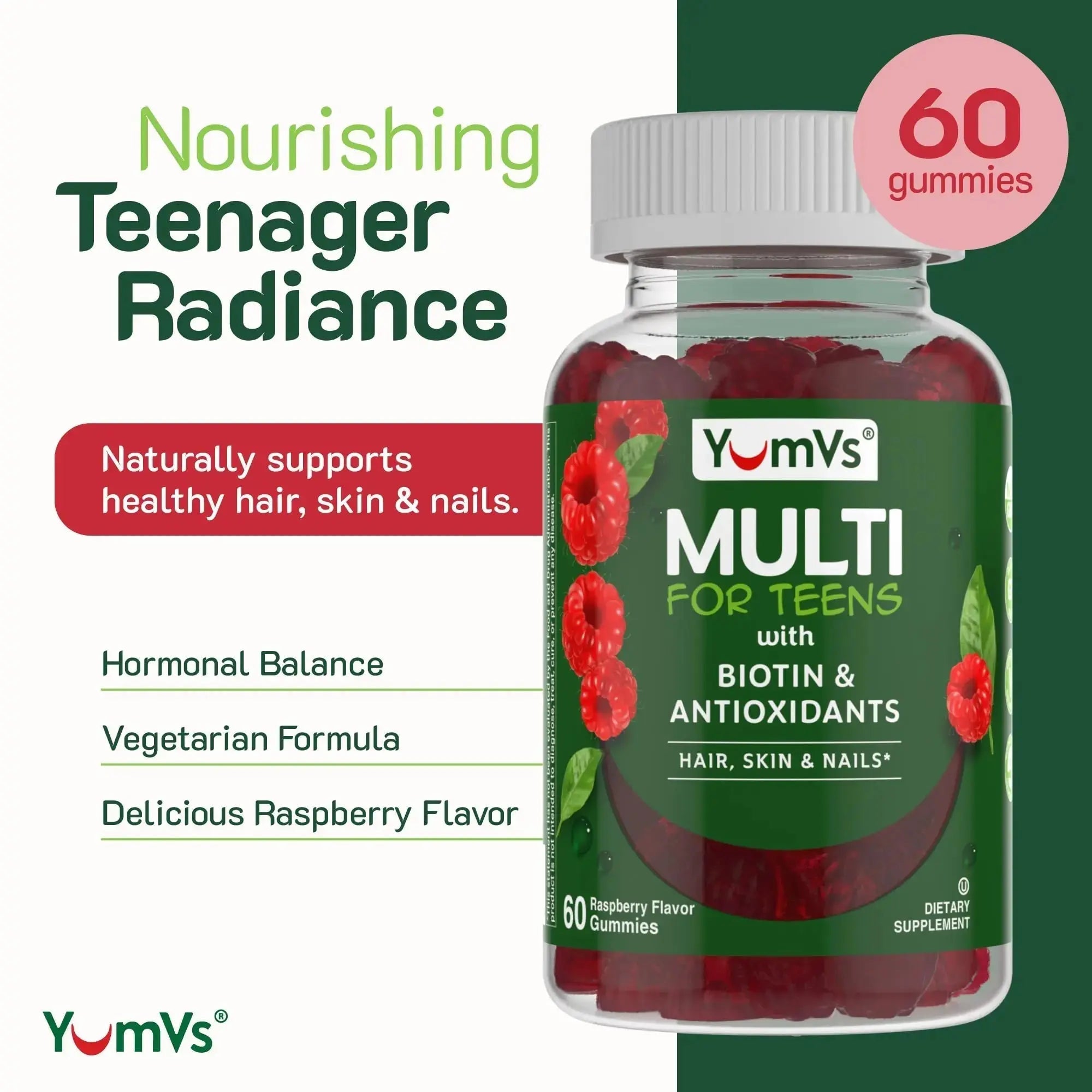 YumVs Teen Multivitamin Gummies with Biotin and Antioxidants - Raspberry Flavor - Hair Skin Nails Support - Kosher Teenager Vitamins YUM-V'S Au supplements