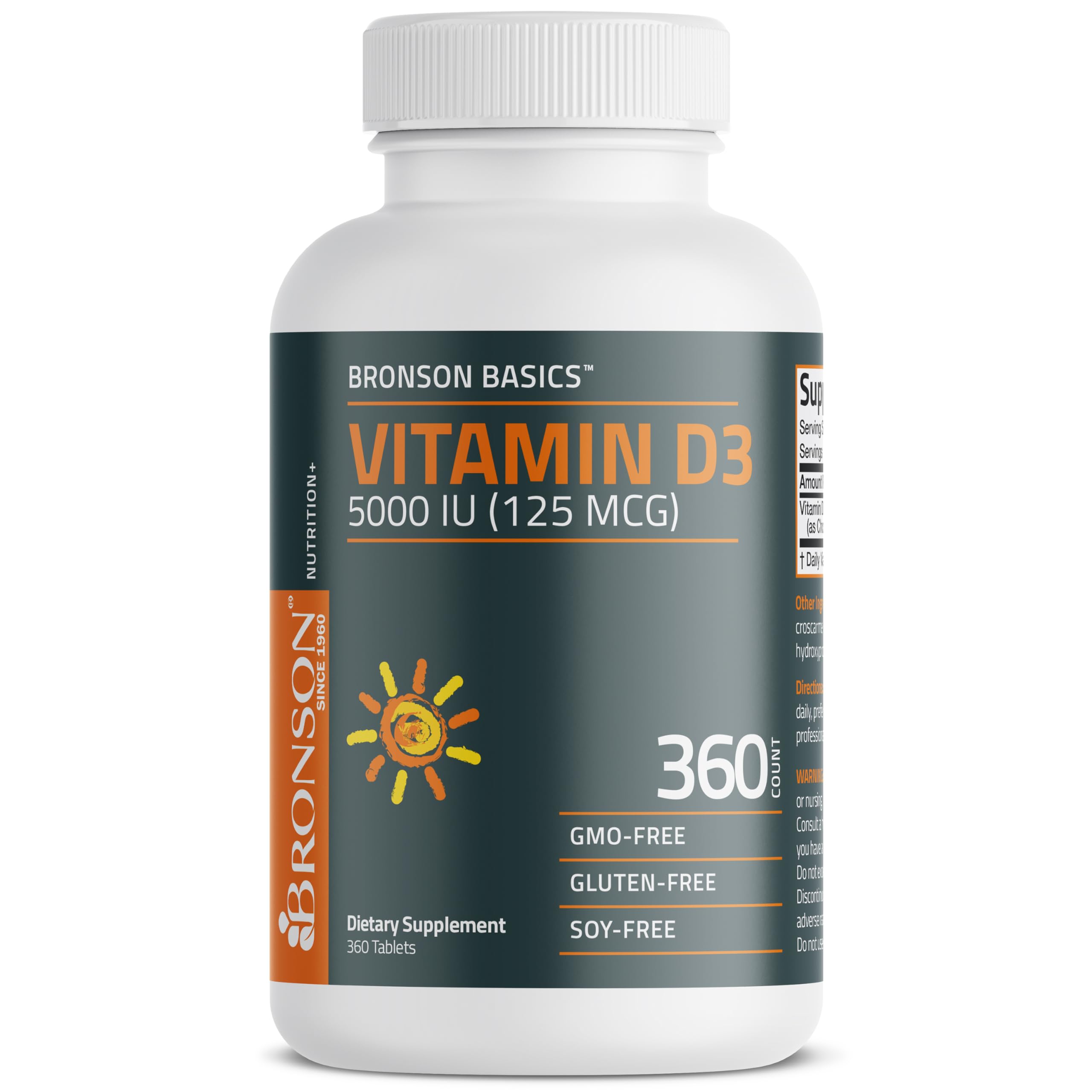 Bronson Vitamin D3 5000iu (125mcg) Healthy Muscle Function and Immune Support, Non-GMO, 360 Tablets