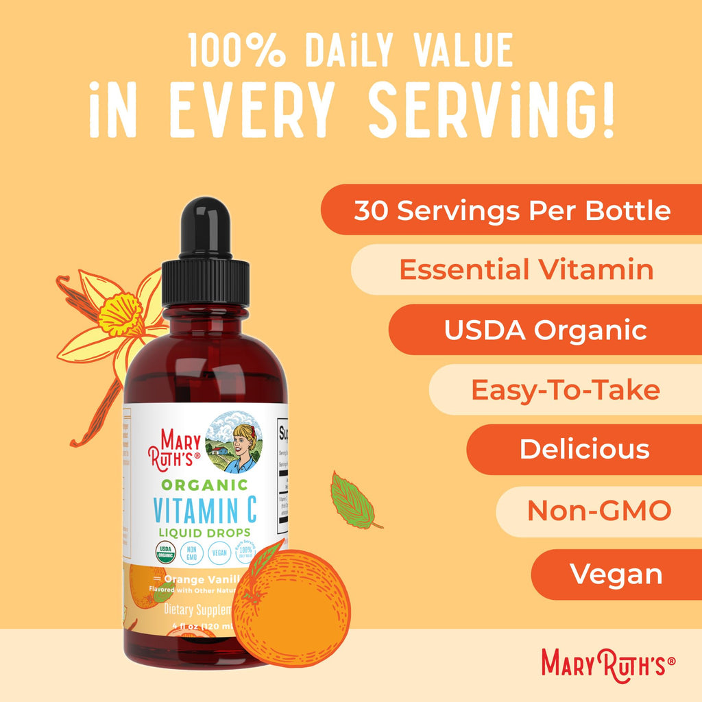 MARYRUTH'S Organic Vitamin C Supplement | Liquid Vitamin C Liquid Drops for Adults & Kids | Immune Support Supplement for Overall Health