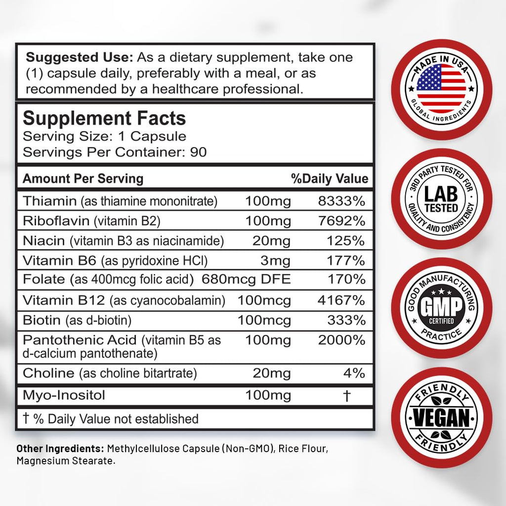 Divine Bounty Super B Complex Vitamins - All B Vitamins Including B12, B1, B2, B3, B5, B6, B7, B9, Folic Acid - Vitamin B Supplement
