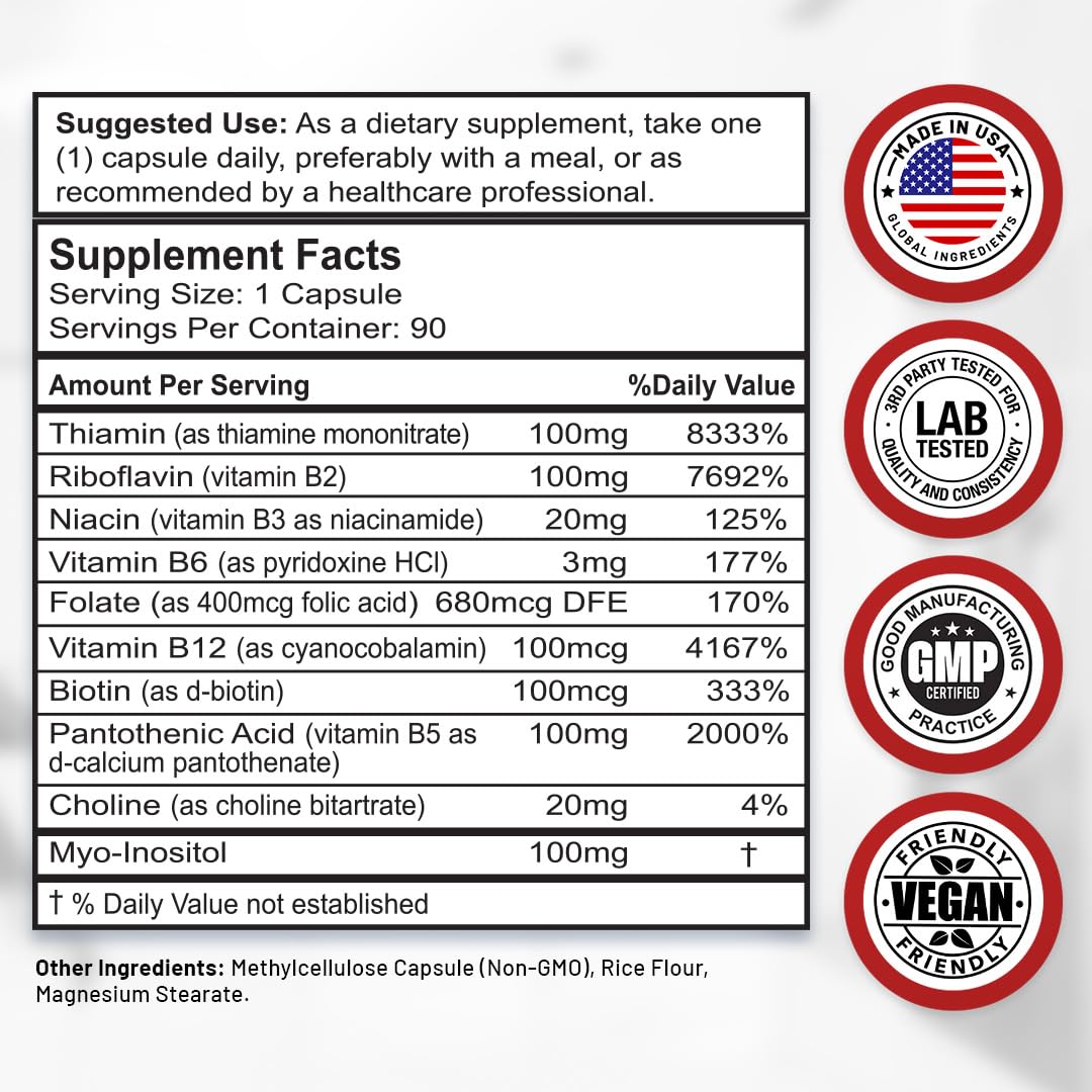 Divine Bounty Super B Complex Vitamins - All B Vitamins Including B12, B1, B2, B3, B5, B6, B7, B9, Folic Acid - Vitamin B Supplement