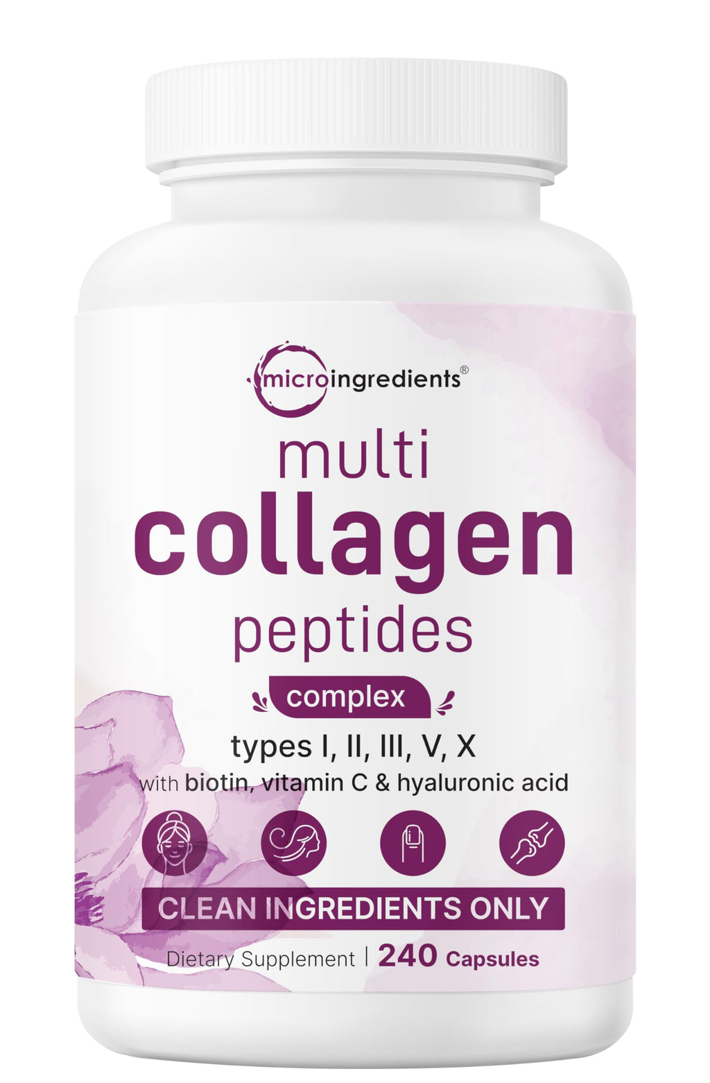 Micro Ingredients Multi Collagen Pills for Women & Men, 240 Capsules | Type I, II, III, V, X | Hydrolyzed Peptides with Biotin, Hyaluronic Acid