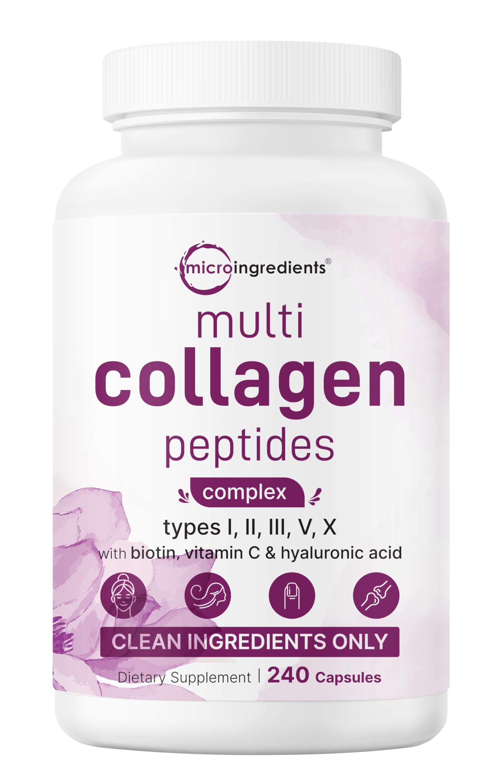 Micro Ingredients Multi Collagen Pills for Women & Men, 240 Capsules | Type I, II, III, V, X | Hydrolyzed Peptides with Biotin, Hyaluronic Acid