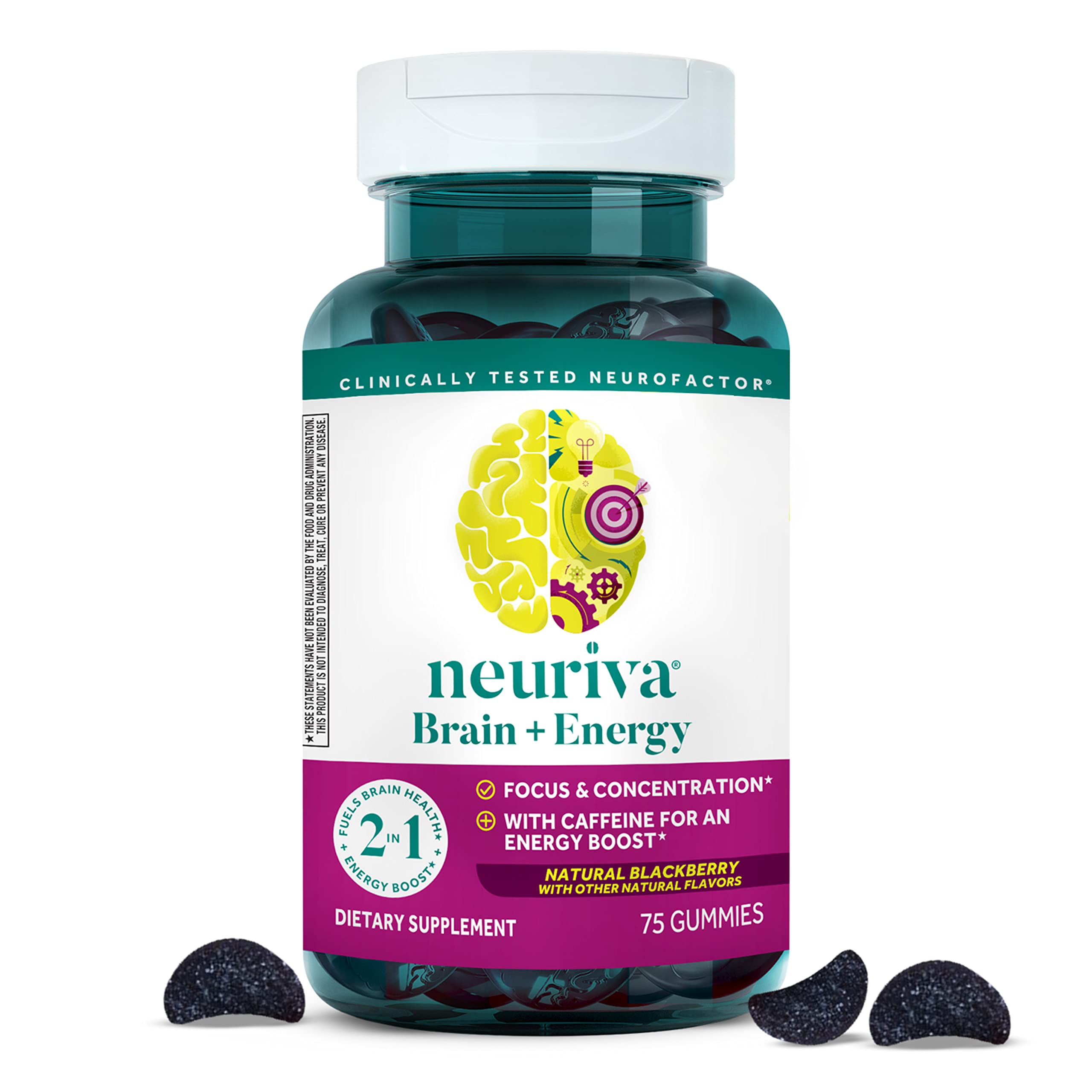 NEURIVA Brain + Energy Gummies, Nootropic Brain Supplements for Focus and Concentration with Neurofactor, Vitamin B12 & Caffeine for an Energy Boost*, 75ct Natural BlackBerry NEURIVA Au supplements