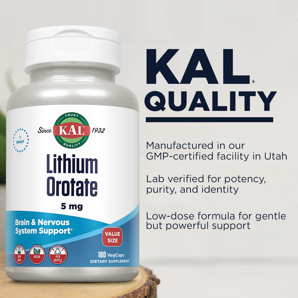 KAL Lithium Orotate 5mg, Low Dose Lithium Supplement for General Wellness Mood Support, Highly Bioavailable, Vegan, 60-Day Guarantee,