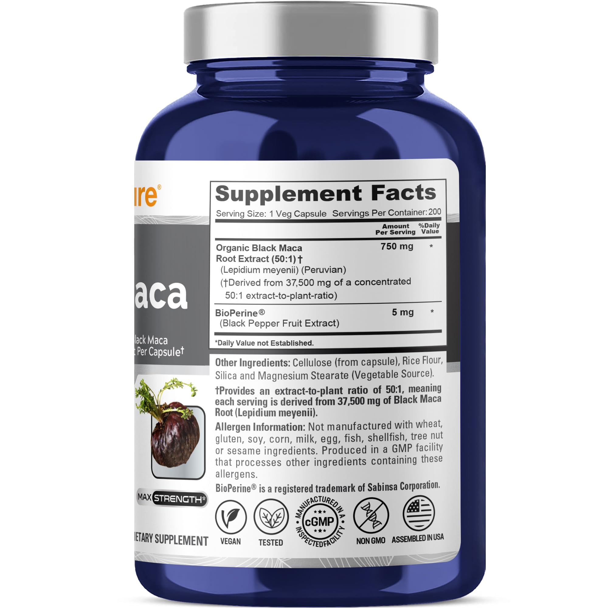 NusaPure Peruvian Black Maca Root Extract 50:1 - Suitable for Vegetarian/Vegan, Non - GMO - 37500 mg - 200 Capsules NusaPure Au supplements