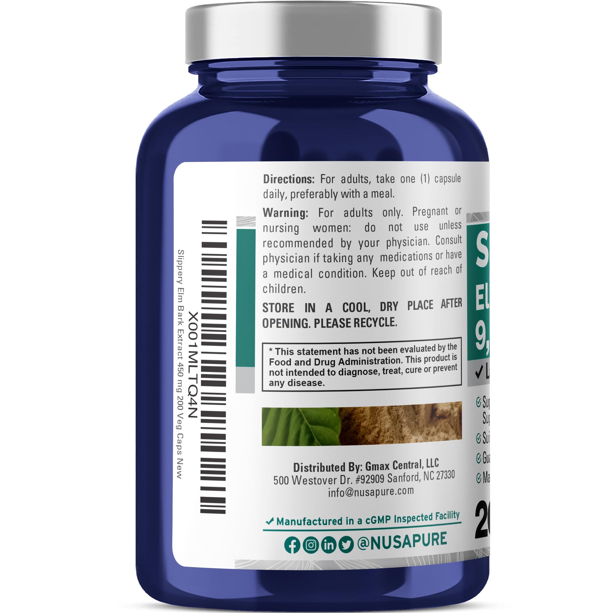 NusaPure Slippery Elm Bark 20:1 Extract, 450 mg Equivalent to 9,000mg 200 Veggie Capsules (Non-GMO, Vegan) NusaPure Au supplements