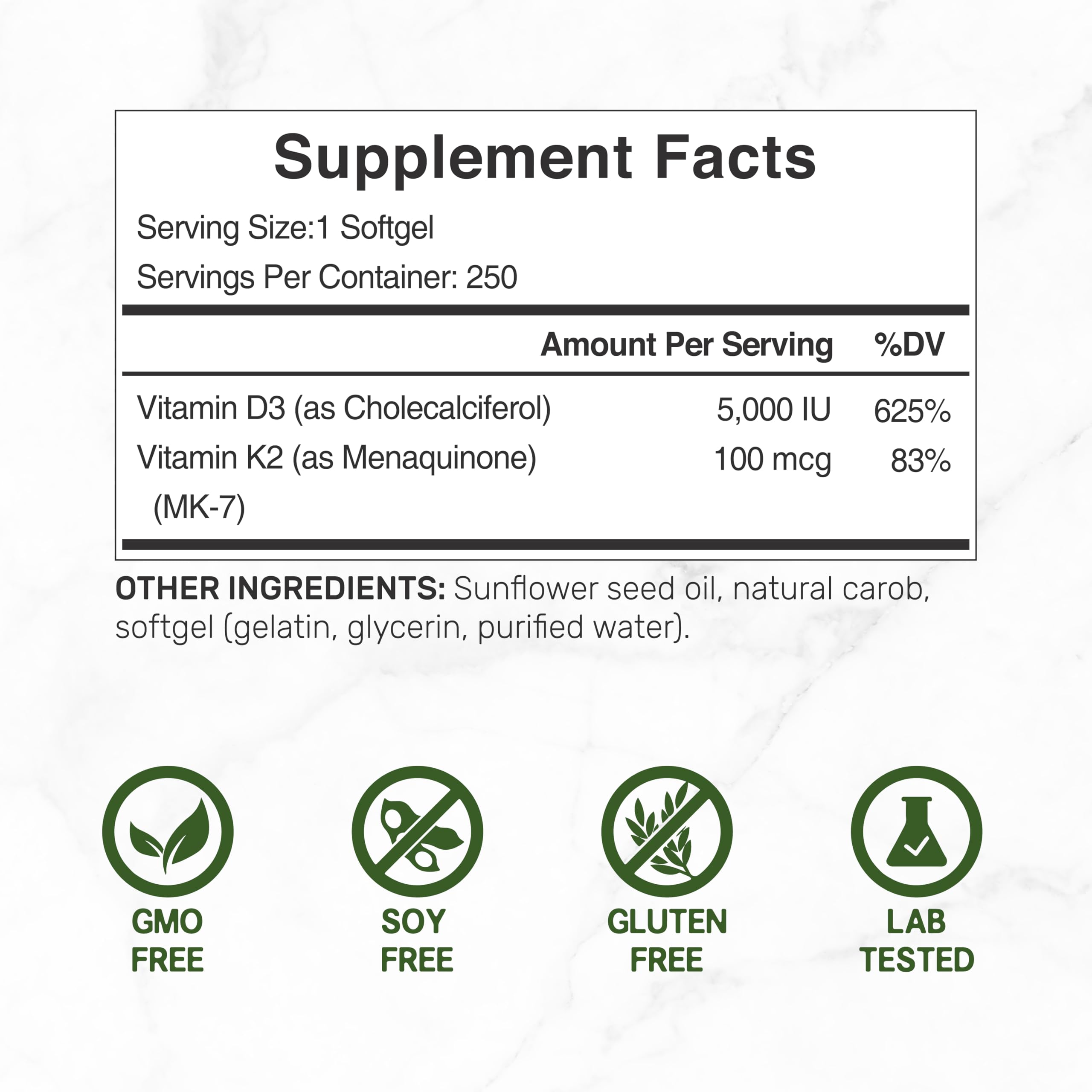 DEAL SUPPLEMENT Vitamin D3 5,000 IU + K2 MK7 Softgels, 250 Count | 2-in-1 Complex | Easy to Swallow