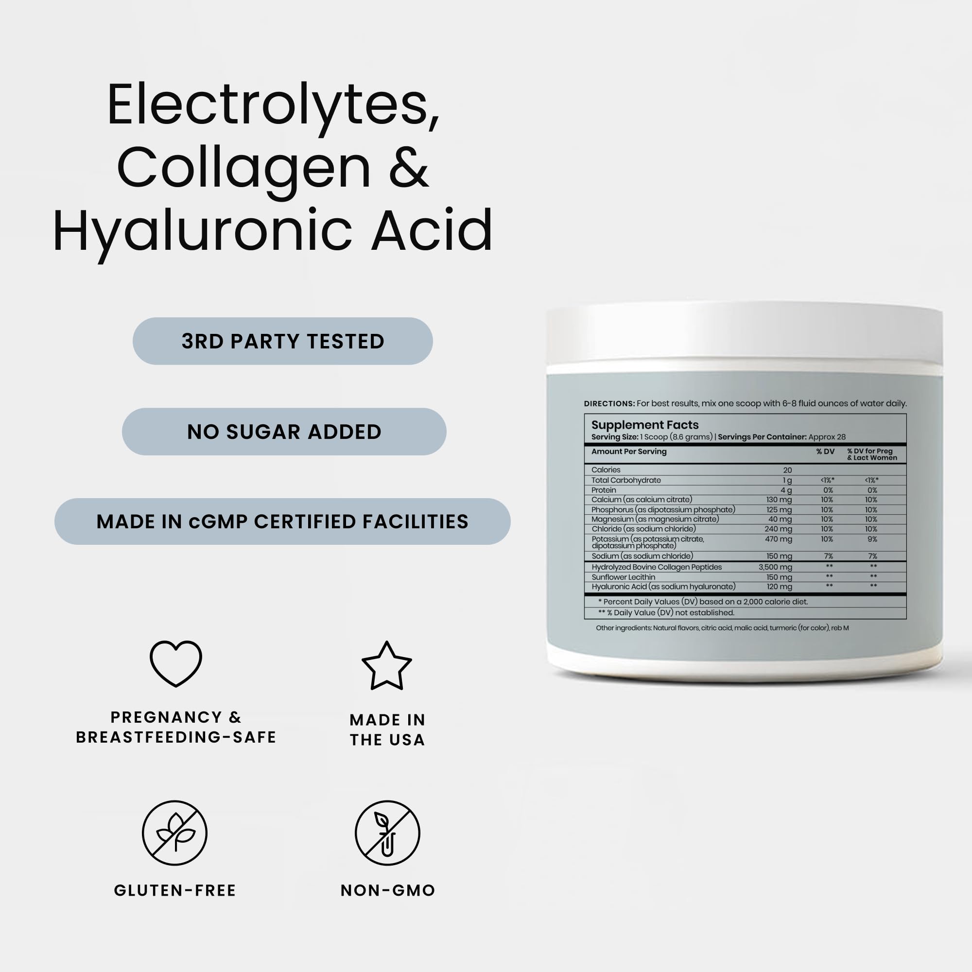 Perelel Hydration Powder, Electrolyte Supplement with Collagen & Hyaluronic Acid, Mango Lemonade Flavor, Soy & Gluten Free, Non GMO, No Added Sugar, 28 Servings