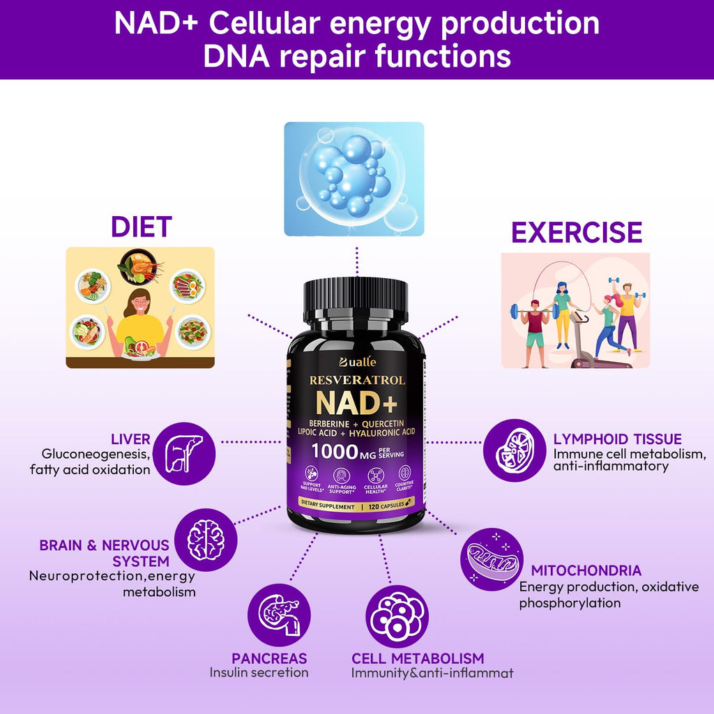 Bualle NAD Supplement, Liposomal NAD Resveratrol Supplement Contains Berberine, Alpha Lipoic Acid,Hyaluronic Acid & Quercetin - Joint Function& Support Anti-Aging,NMN Alternative -120 Capsules Bualle Au supplements