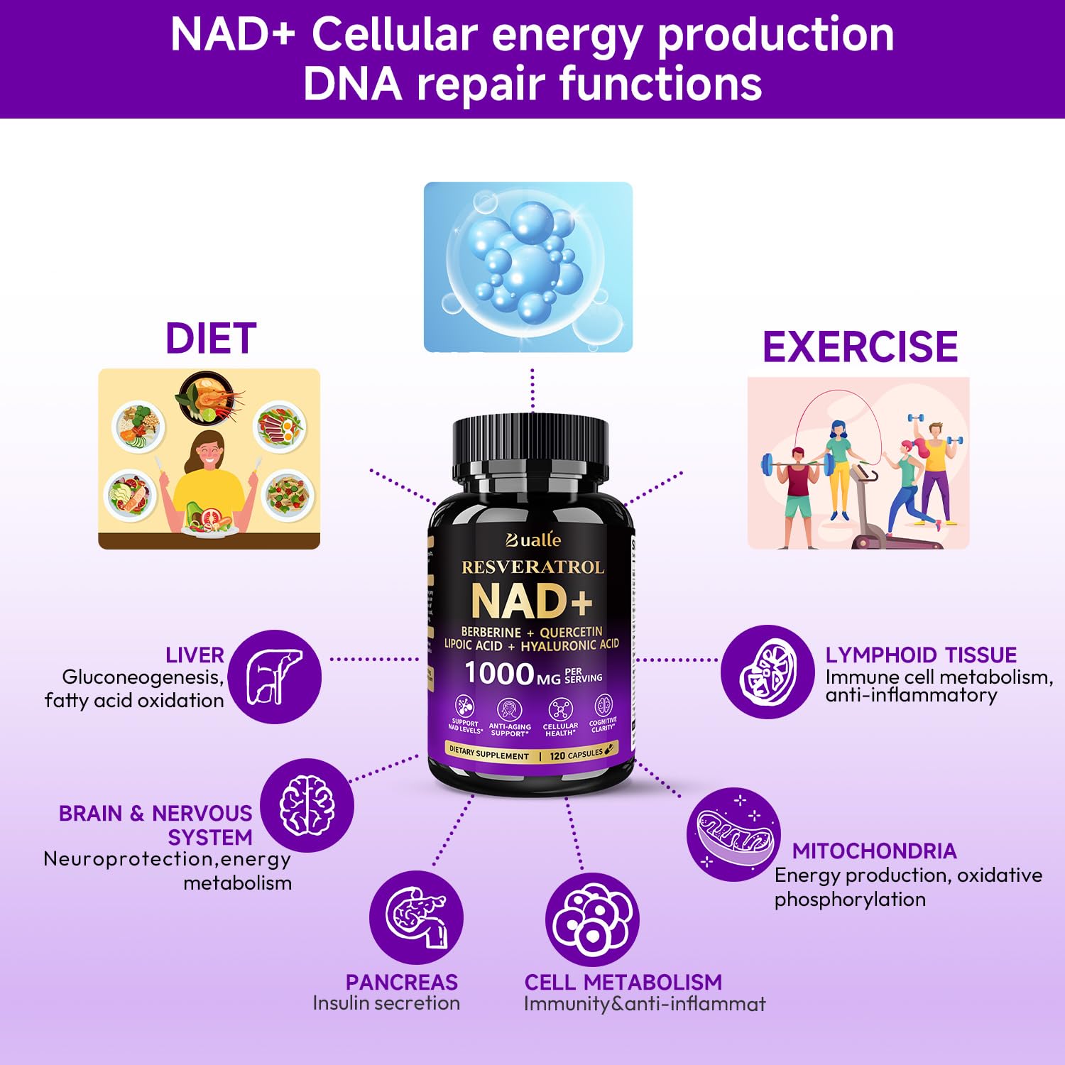 Bualle NAD Supplement, Liposomal NAD Resveratrol Supplement Contains Berberine, Alpha Lipoic Acid,Hyaluronic Acid & Quercetin - Joint Function& Support Anti-Aging,NMN Alternative -120 Capsules Bualle Au supplements
