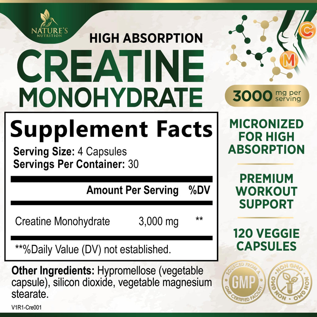 Creatine Monohydrate Capsules 3000mg Per Serving – Micronized Creatine Powder - Supports Lean Muscle, Strength, Energy, & Endurance - Nature's Supplement, Non-GMO, Bottled in USA - 120 Capsules Nature's Nutrition Au supplements