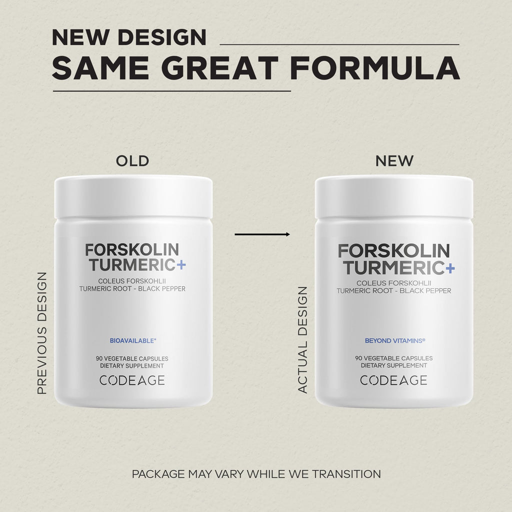 Codeage Forskolin, Pure Forskolin Coleus + Organic Turmeric Root Powder, 95% Curcuminoids + Bioperine Black Pepper - 20% Standardized Coleus Forskohlii Supplement - Non-GMO - 90 Capsules Codeage Au supplements