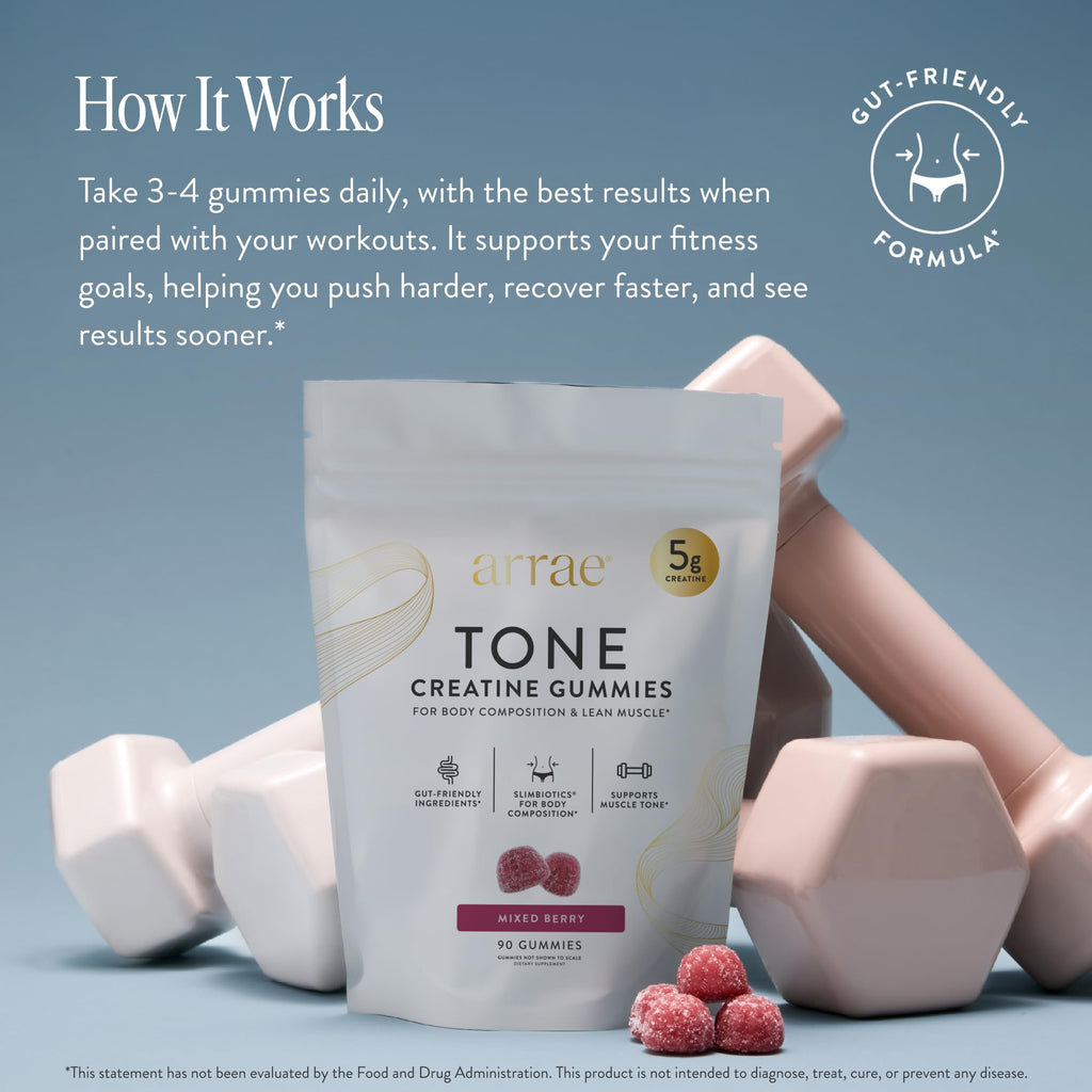 Arrae Tone Gummies – Creatine Monohydrate 5g for Women – Support Lean Muscle, Strength & Recovery – Hormone-Friendly Muscle Toning Supplement
