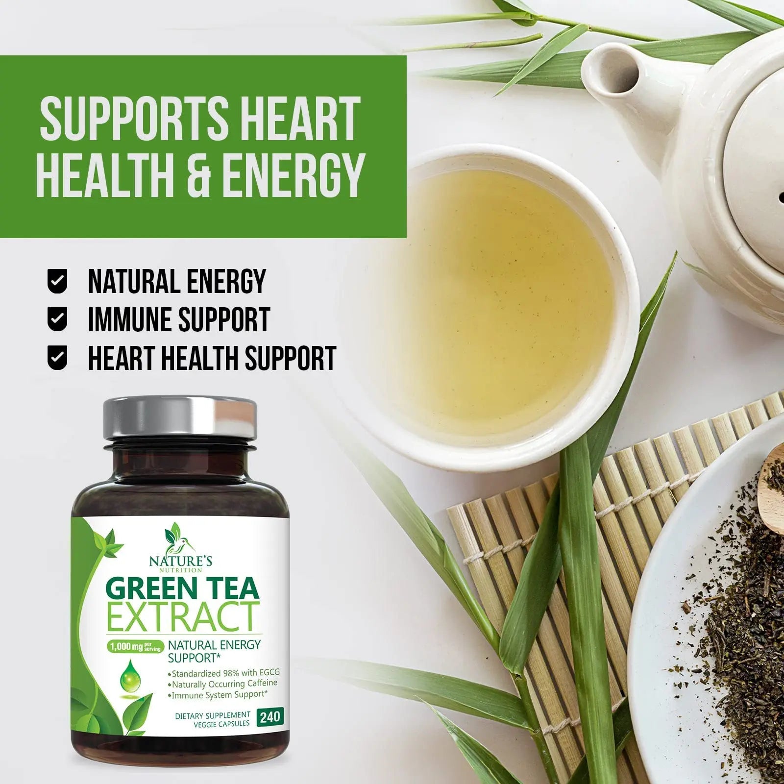 Green Tea Extract Capsules 1000mg 98% Standardized EGCG - 3X Strength for Natural Nature's Nutrition Au supplements