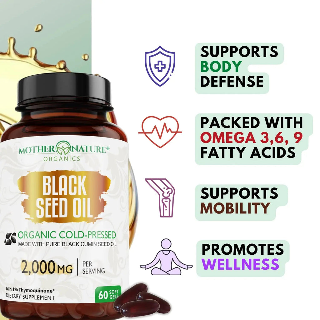 Organic Black Seed Oil 2000mg - 60 Softgel Capsules (Non-GMO) Premium Cold-Pressed Mother Nature Organics Superfoods for Organic Living Au supplements