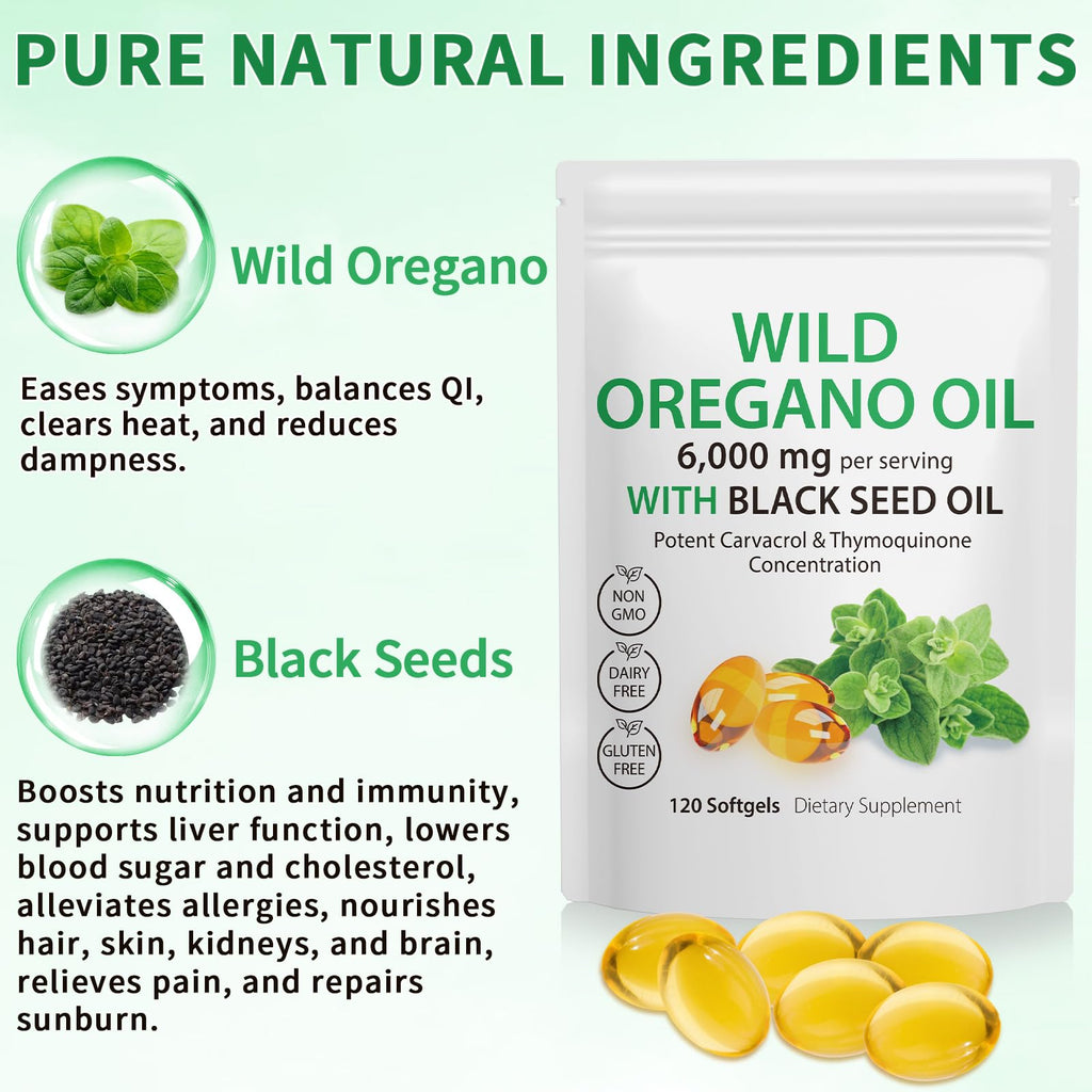 Tooffi Oil of Oregano Softgels,Oregano Oil Capsules Organic,2-in-1 6000mg Oil of Oregano with Black Seed Oil 200mg,Oregano Oil