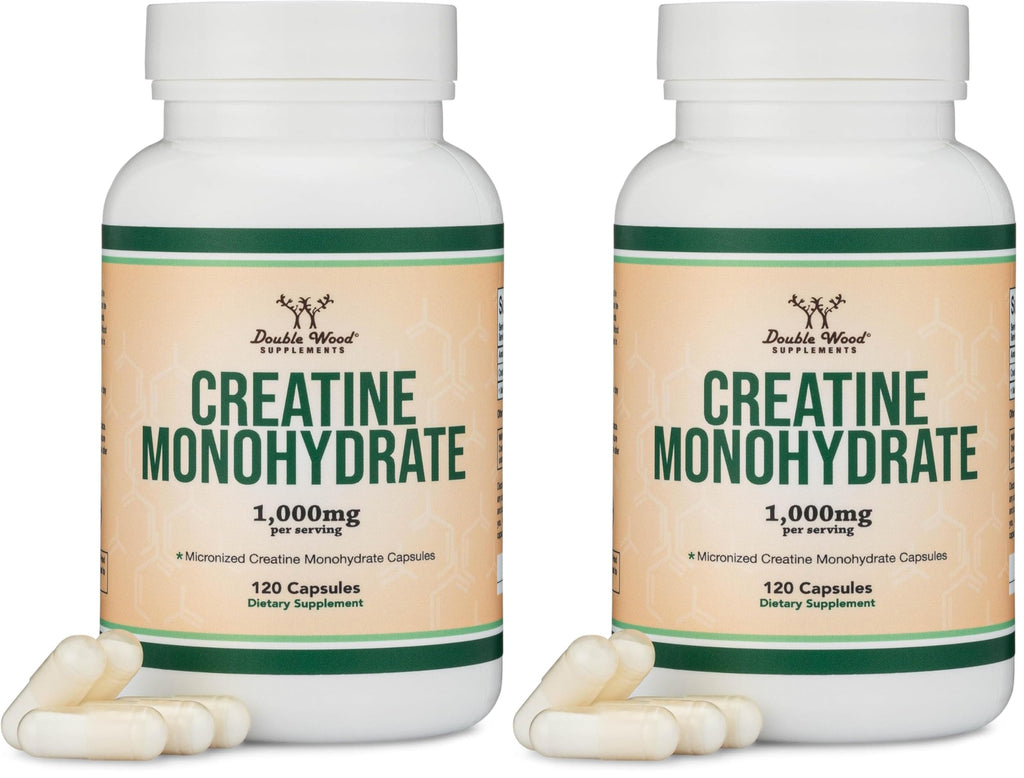 Creatine Monohydrate Capsules - 1g per Serving, 120 Count - No Fillers, Vegan Safe, Non-GMO, Gluten Free by Double Wood (Pack of 2)