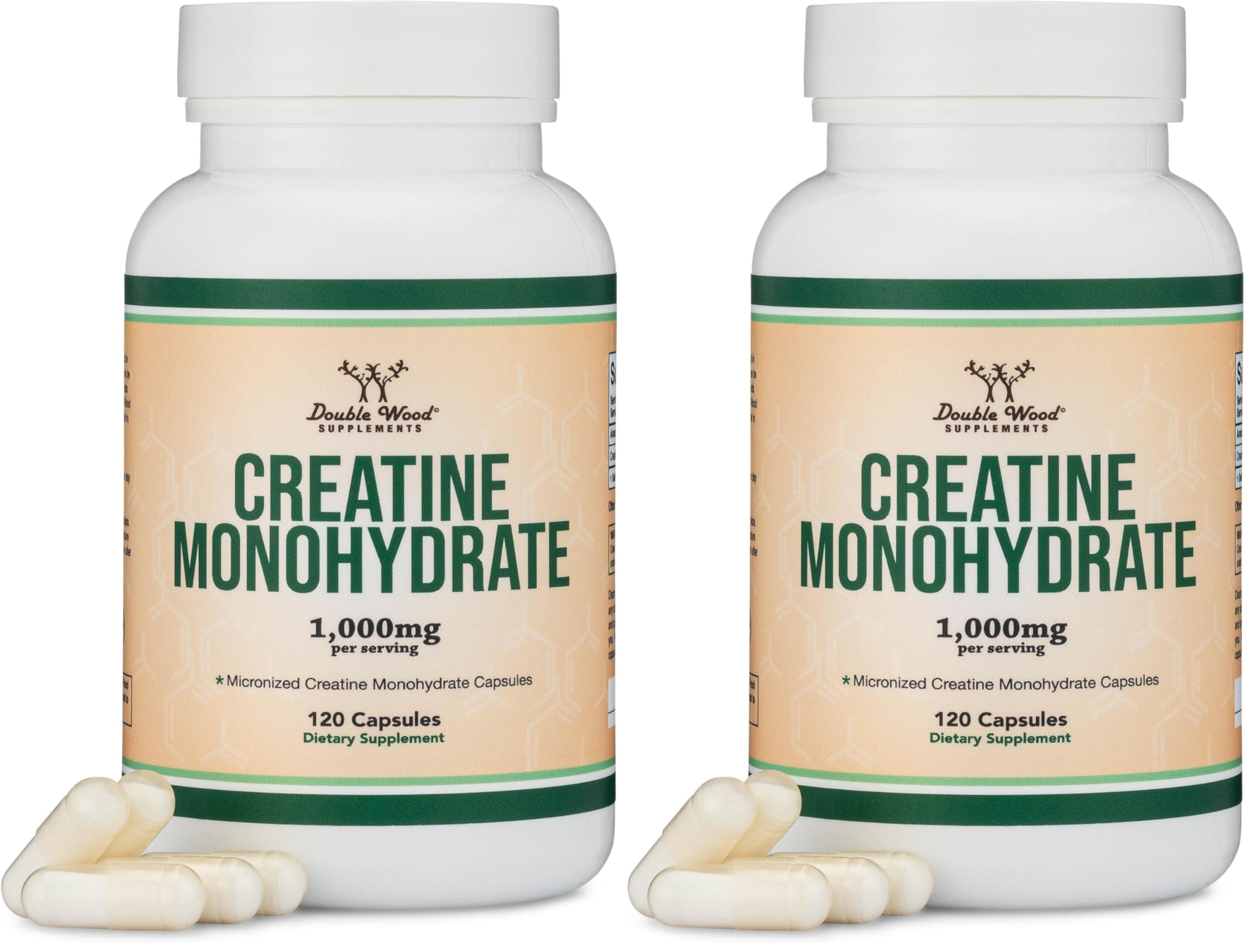 Creatine Monohydrate Capsules - 1g per Serving, 120 Count - No Fillers, Vegan Safe, Non-GMO, Gluten Free by Double Wood (Pack of 2)