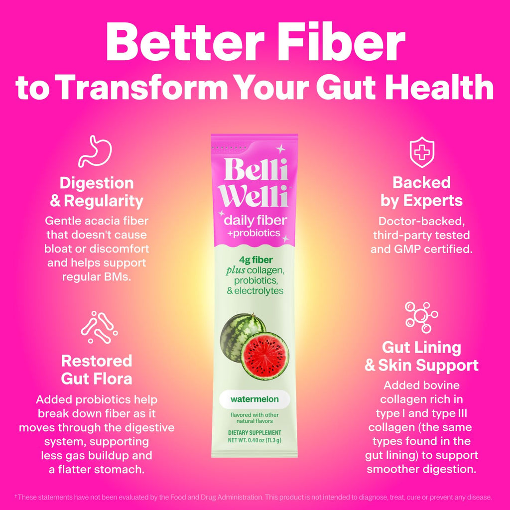 Belli Welli Daily Fiber Supplement Packets with Collagen, Probiotics & Electrolytes | Single Serve Packets for Gut Health