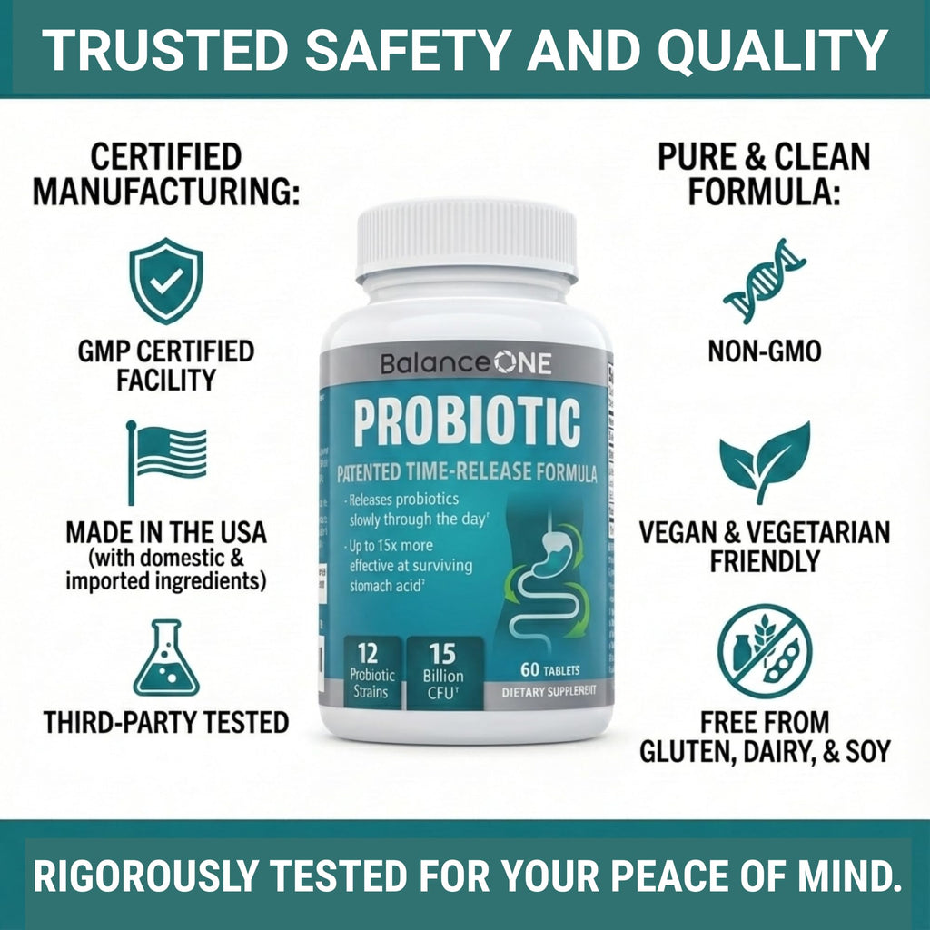 Balance ONE Time Release Probiotic – 15 Billion CFU – 12 Strains Including L. Plantarum – 15x More Survival Than Capsules – Bloating & Gas Relief – Gut & Digestive Health for Women & Men – 60 Tablets Balance ONE Au supplements