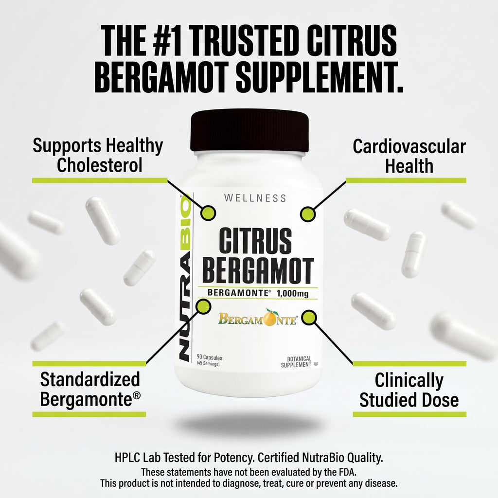 NutraBio Citrus Bergamot Bergamonte Extract Supplement, 1,000mg - May Help Promote Cardiovascular Health and Wellness, 90 Capsules