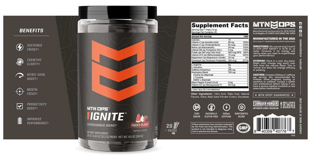 MTN OPS Ignite Trail Packs Energy Drink Powder, Gluten Free Nootropic Supplement Drink Mix, L Arginine, L Citrulline, Caffeine & Nootropic Sugar Free Drink Mix, 20 Servings, Tiger's Blood MTN OPS Au supplements