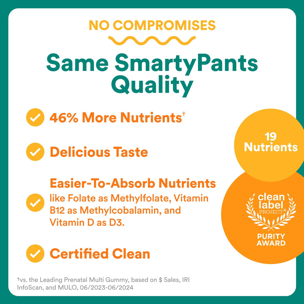 SmartyPants Prenatal Multivitamin Gummies with Omega 3 DHA/EPA, Methylfolate, Biotin, Vitamins D3, C, B12, B6, A, K, and Zinc, Gluten Free, Clean Label