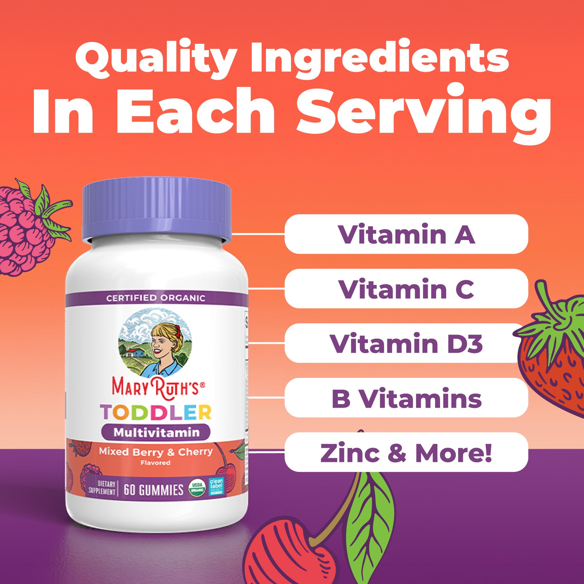 MARYRUTH'S Organic Toddler Multivitamin Gummies | Ages 4+ | Vitamin A, C, D, E, B6, B12, Biotin, Iodine, Zinc | Immunity | Bone & Teeth Health