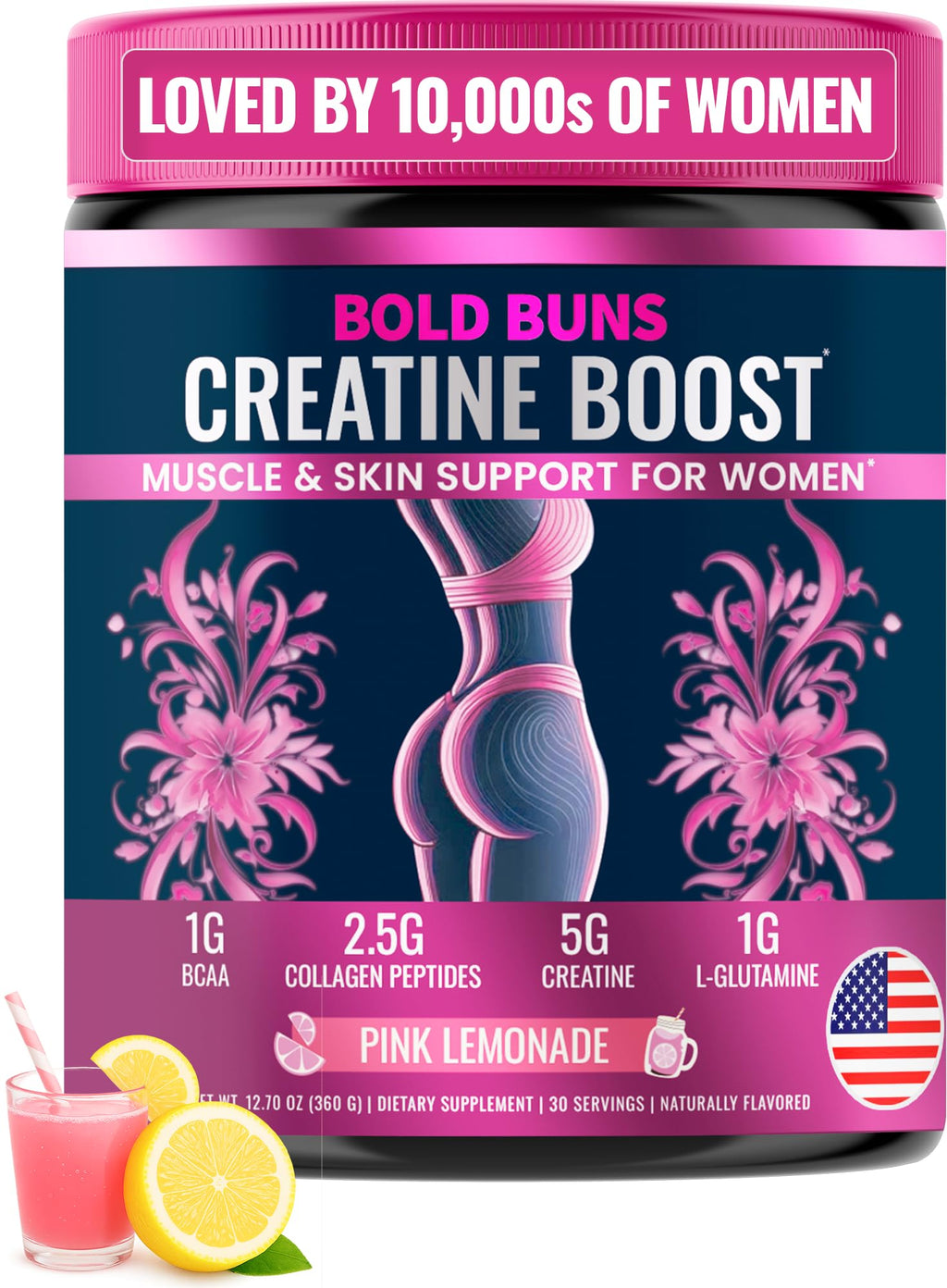 Bold Buns Creatine for Women – Supplement with Collagen & BCAA – Supports Muscle Development, Post-Workout Recovery, Skin Elasticity,