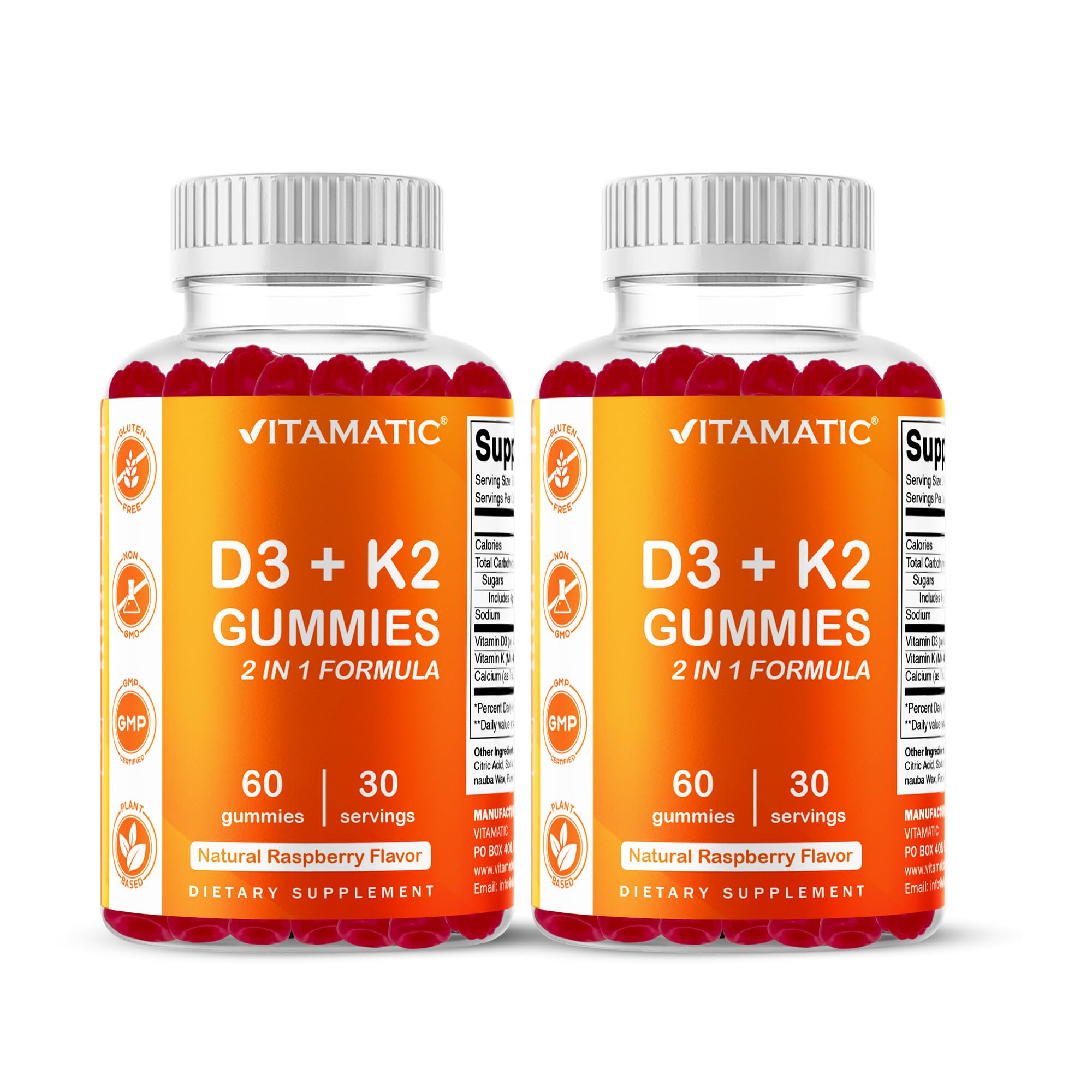 Vitamatic Vitamin D3 & K2 Gummies (2-Pack, 60 Count) Supports Healthy Bones, Heart Health, Calcium Absorption,