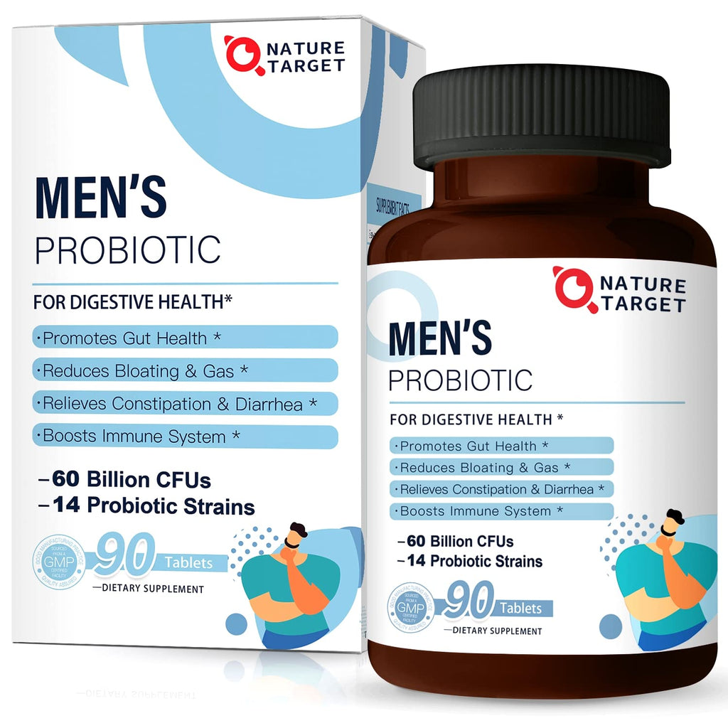 NATURE TARGET Probiotics for Men with Men Care Supplement, Prebiotics & Probiotic for Men's Digestive and Immune Health,60 Billion CFUs & 14 Strains Shelf Stable,