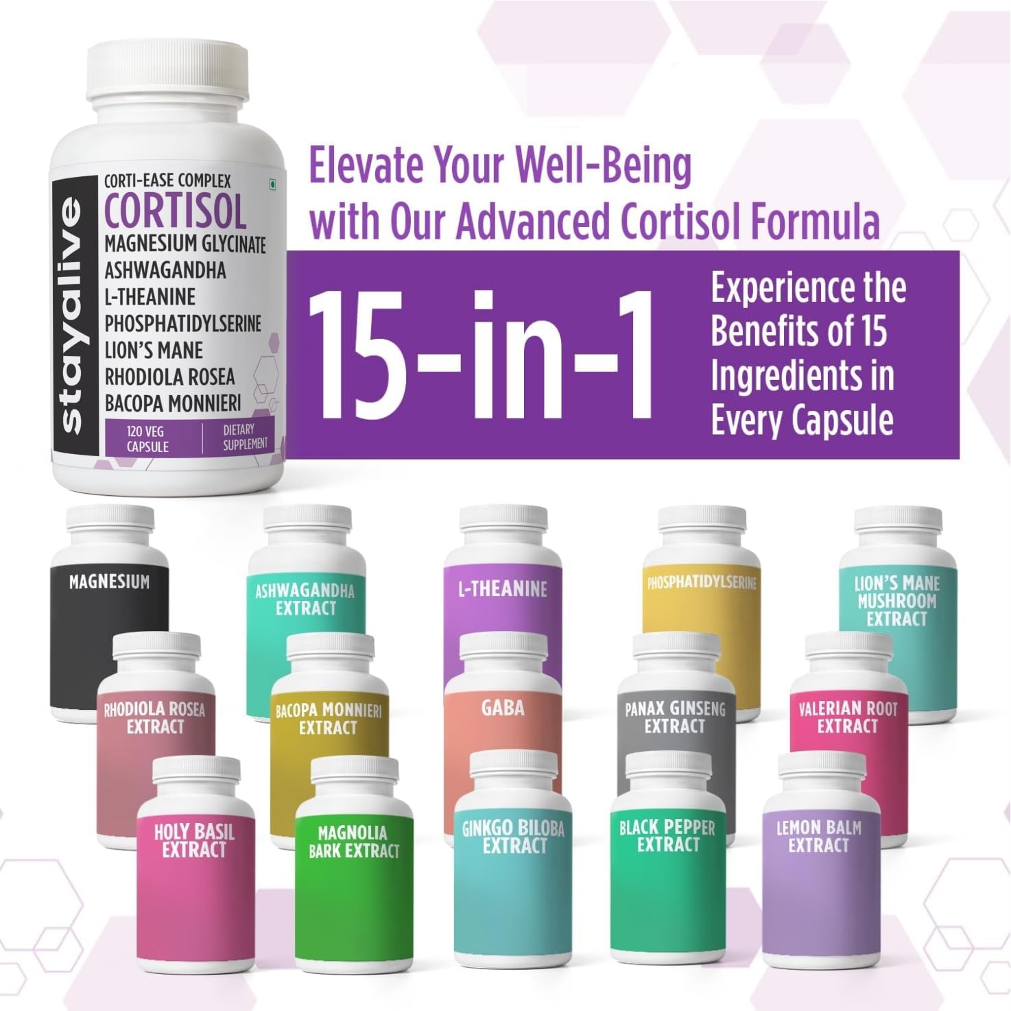 STAY ALIVE Cortisol Manager Supplement 15-in-1 Complex w/L-Theanine, Ashwagandha, Magnesium Glycinate, Phosphatidylserine and More, 120 Veg Capsules, Non-GMO & Gluten-Free Formula for Women and Men STAY ALIVE Au supplements
