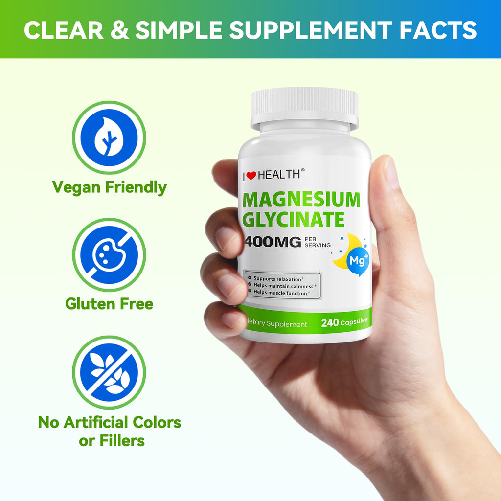 Magnesium Glycinate 400mg per Capsule – 240 Capsules – High Absorption Magnesium Supplement for Relaxation, Calmness & Muscle Support – Gentle on Stomach