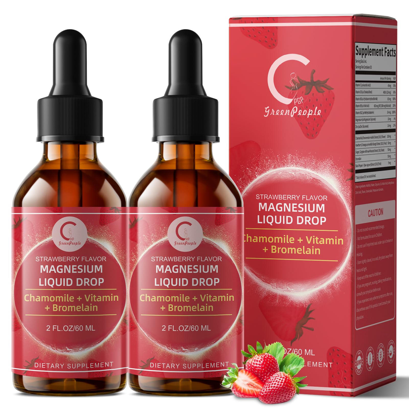 (2 Pack) Magnesium Glycinate Liquid with Chamomile, Hawthorn & Ginger for Stress Relief and Digestive Comfort, Fast Absorption, Non-GMO, Vegan Formula, Sugar Free, Strawberry Flavor, 4 Fl OZ GPGP GreenPeople Au supplements