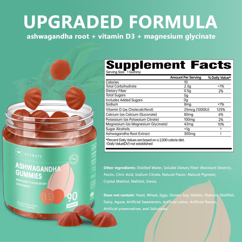 AFXMATE Ashwagandha Gummies for Women Sugar Free, Men's Ashwagandha Supplement Gummy with Vitamin D Magnesium Vegan (90 Counts) AFXMATE Au supplements