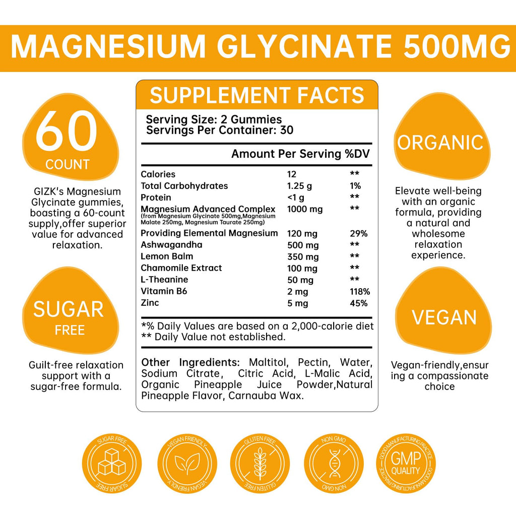 Magnesium Glycinate Gummies 500mg – Sugar Free Magnesium Gummies for Sleep, Stress, Muscle & Nerve Support – for Adults & Kids 4+, Vegan,