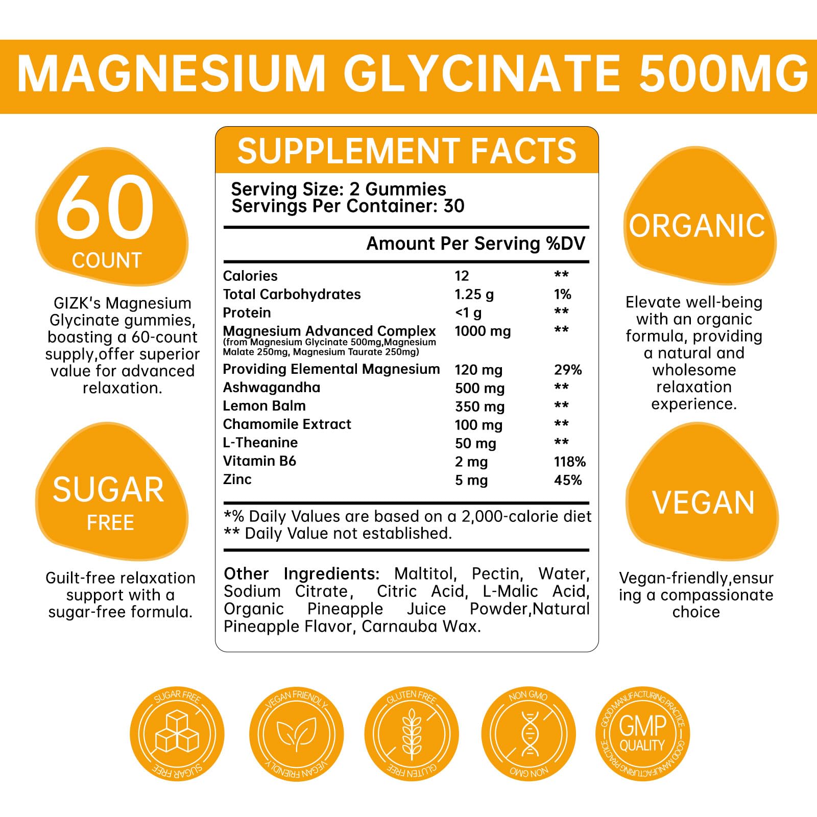 Magnesium Glycinate Gummies 500mg – Sugar Free Magnesium Gummies for Sleep, Stress, Muscle & Nerve Support – for Adults & Kids 4+, Vegan,