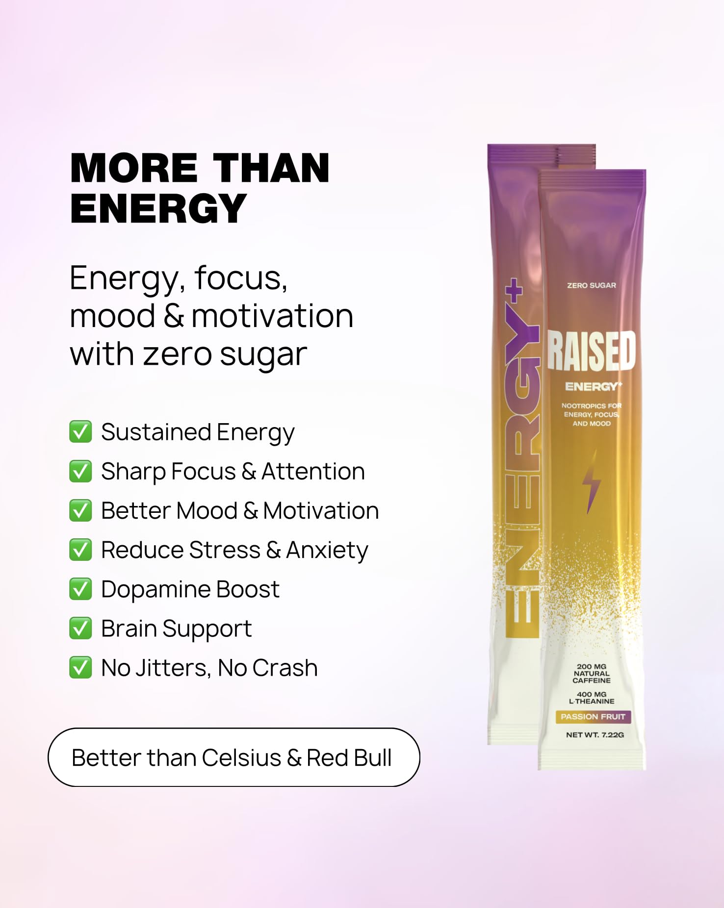 Raised Energy+ Nootropic Drink Mix | 200mg Natural Caffeine + L-Theanine | Zero Sugar | Clean Energy Powder for Focus, Mood & Motivation | 15 Stick Packs | Passion Fruit Flavor Raised Au supplements