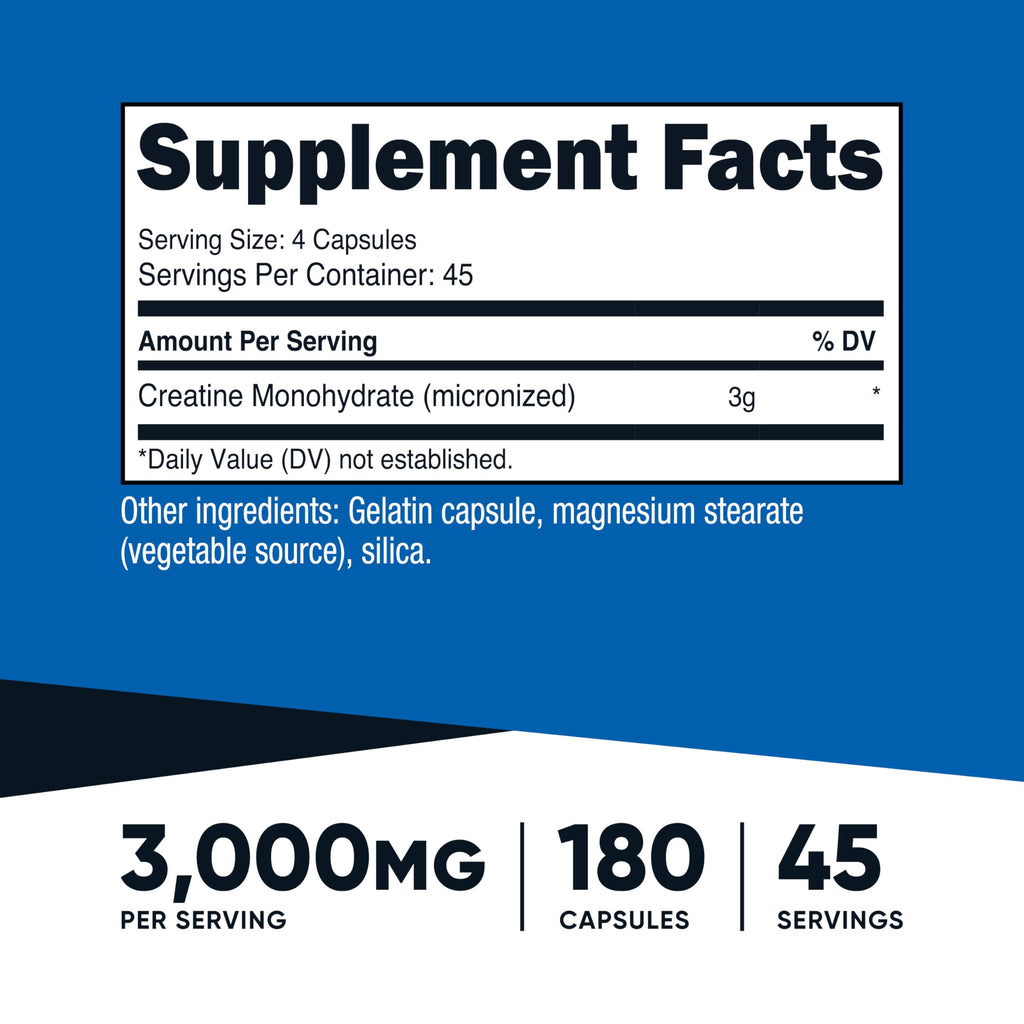 Nutricost Creatine Monohydrate 3,000mg, 180 Capsules (750mg Per Capsule) - Gluten Free, Non-GMO Nutricost Au supplements