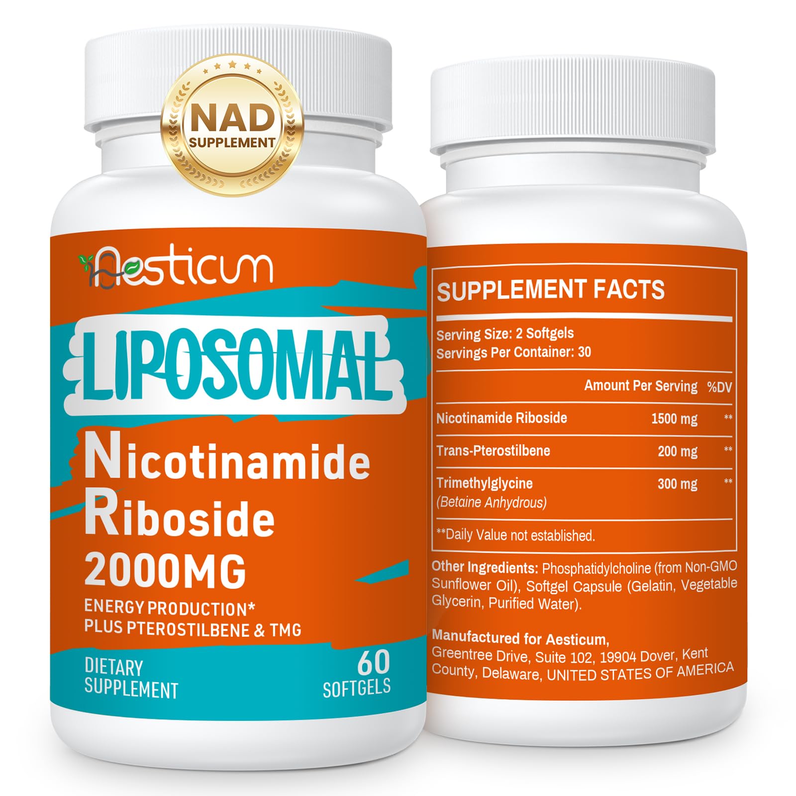 Aesticum 2000 MG Nicotinamide Riboside, NMNH Supplement Alternative, Liposomal Nicotinamide Riboside Supplement with TMG & Pterostilbene - NAD*, Energy, Focus, Immunity, Age Resist - 120 Softgels Aesticum Au supplements