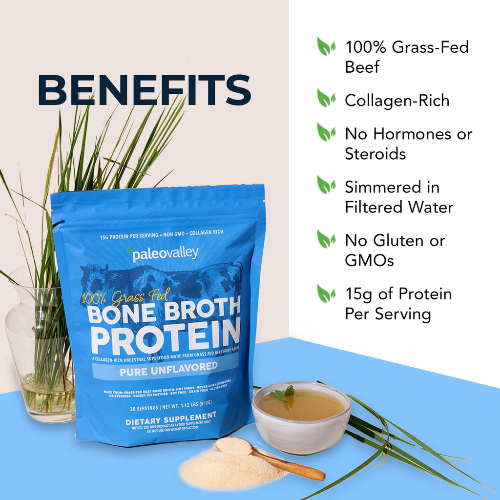 Paleovalley 100% Grass Fed Beef Bone Broth Protein Powder - Rich in Collagen Peptides for Hair, Skin, Gut Health, Bone and Joint Support