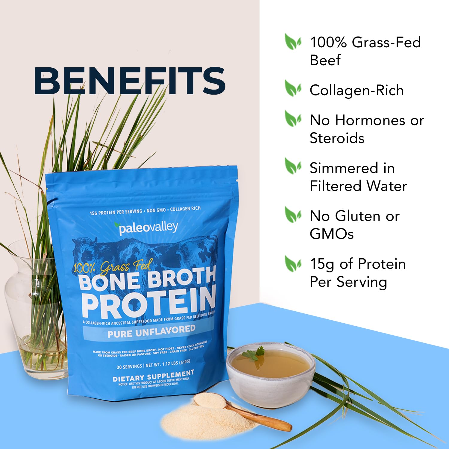 Paleovalley 100% Grass Fed Beef Bone Broth Protein Powder - Rich in Collagen Peptides for Hair, Skin, Gut Health, Bone and Joint Support