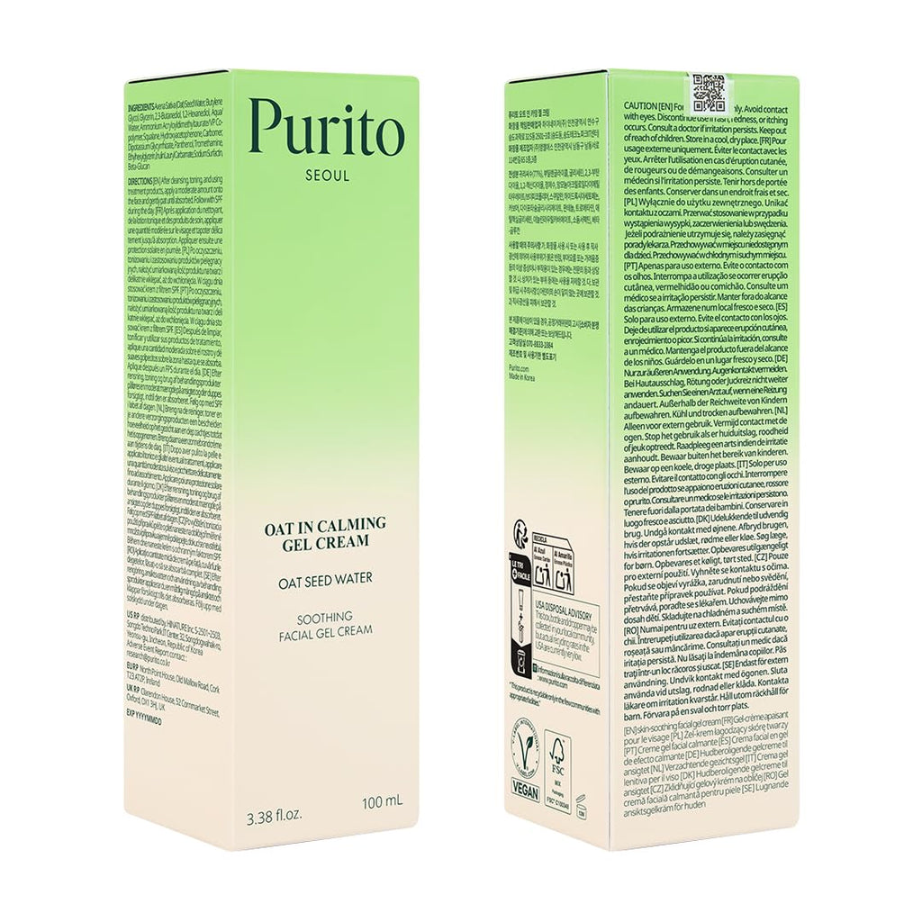 PURITO Oat In Calming Gel Cream, Non-Comedogenic, 77% Oat Seed Water Lightweight Water-Gel Face Moisturizer