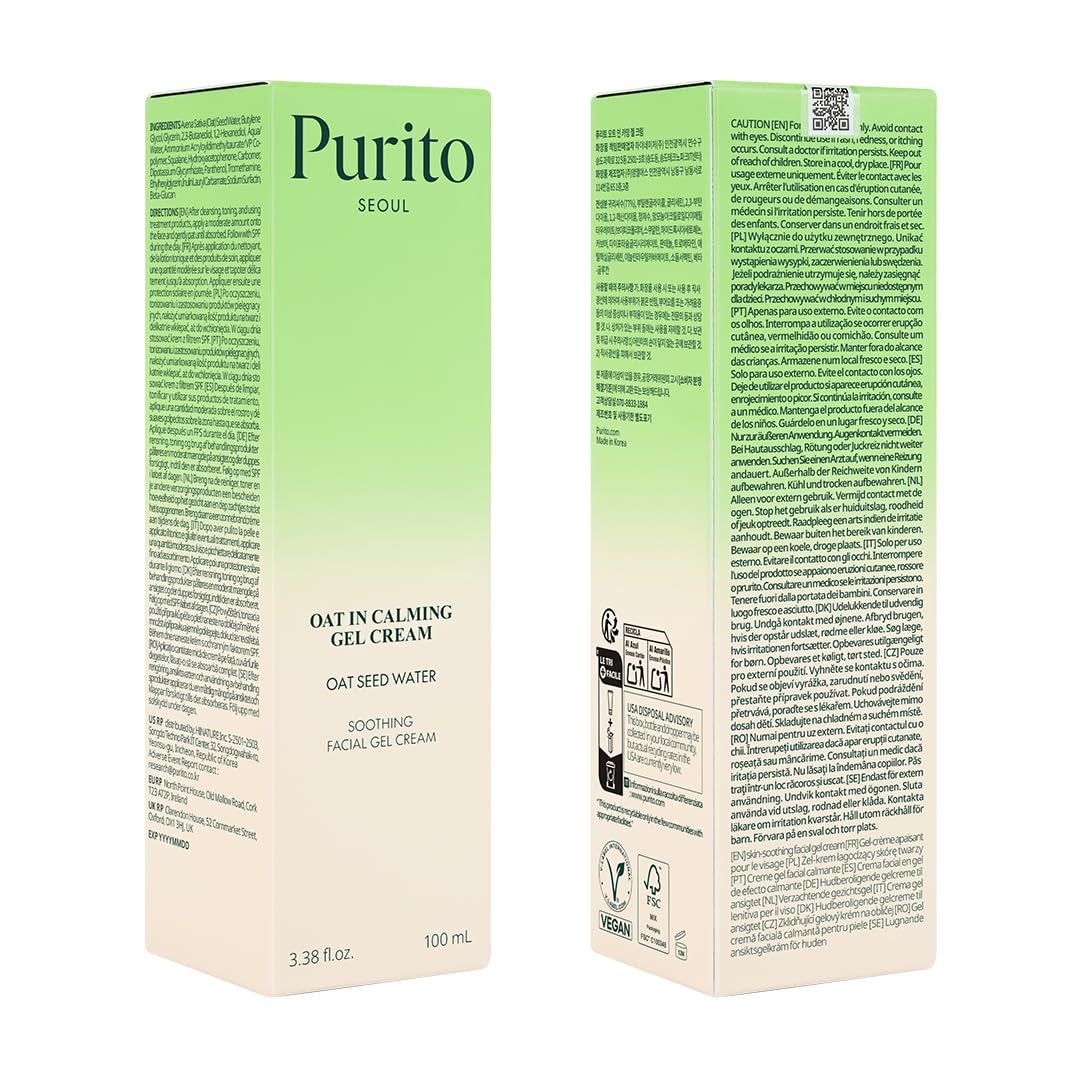 PURITO Oat In Calming Gel Cream, Non-Comedogenic, 77% Oat Seed Water Lightweight Water-Gel Face Moisturizer