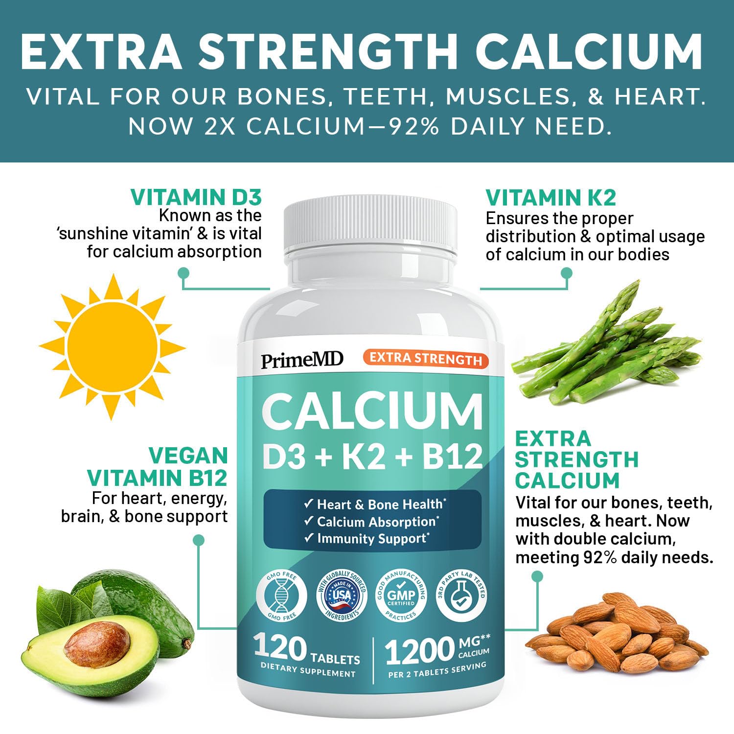4-in-1 Calcium 1200 mg with Vitamin D3 K2 - Extra Strength Calcium Supplements for Women & Men with D3 K2 Vitamin 5000 IU - Everyday Vitality Supplement