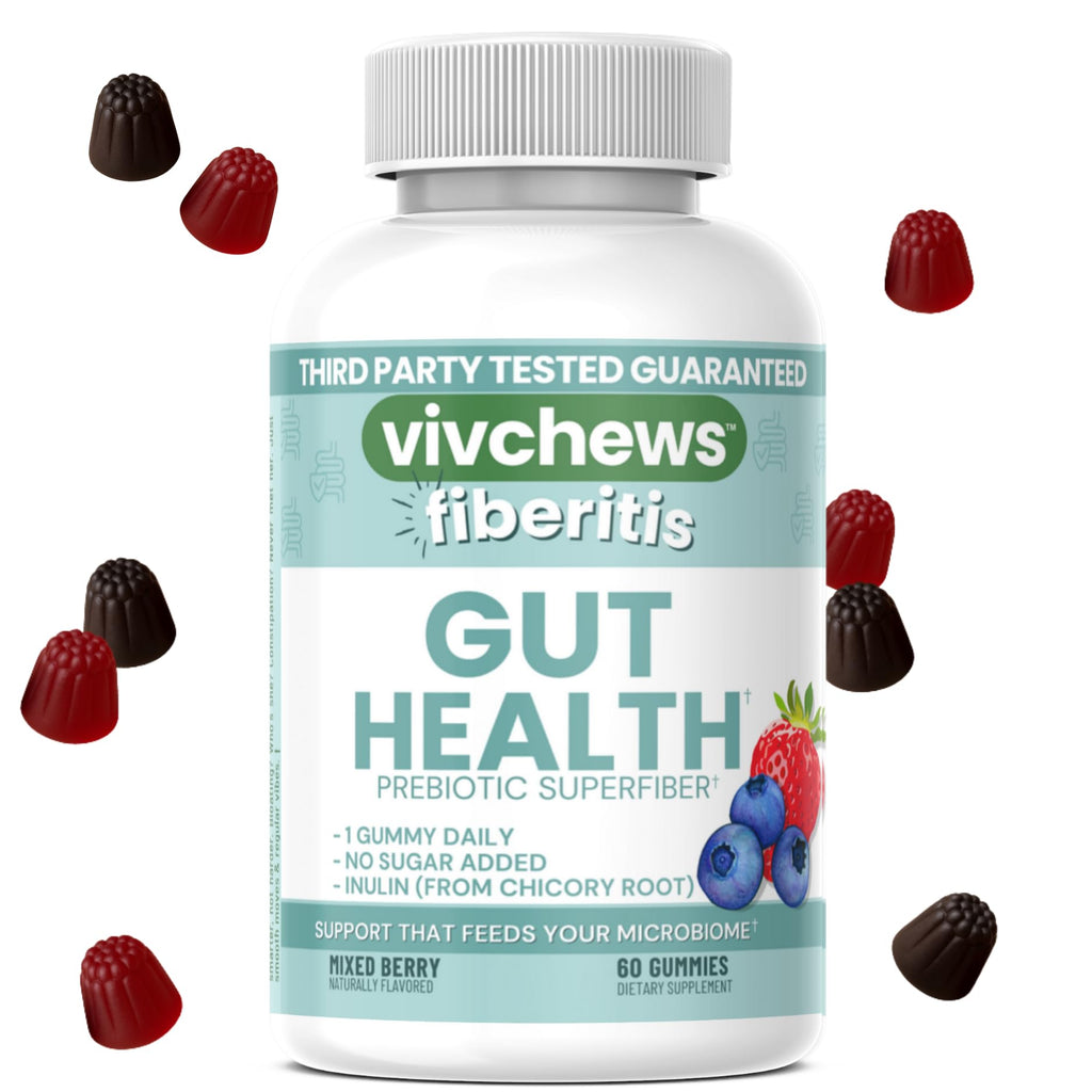 vivchews Gut Health Gummies – Prebiotic Fiber for Bloating Relief, No Sugar Added, Non-GMO, Fruit Pectin Based, Gluten-Free, No Artificial Colors,