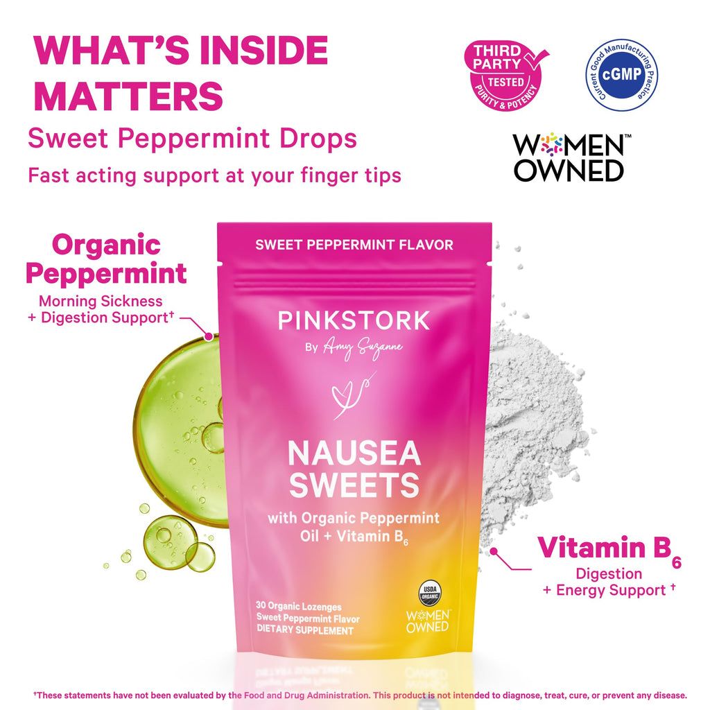 Pink Stork Organic Peppermint Sweets for Morning Sickness and Motion Sickness Support, Added Vitamin B6, 1st Trimester Pregnancy Must Haves - 30 Wrapped Peppermint Candies Pink Stork Au supplements